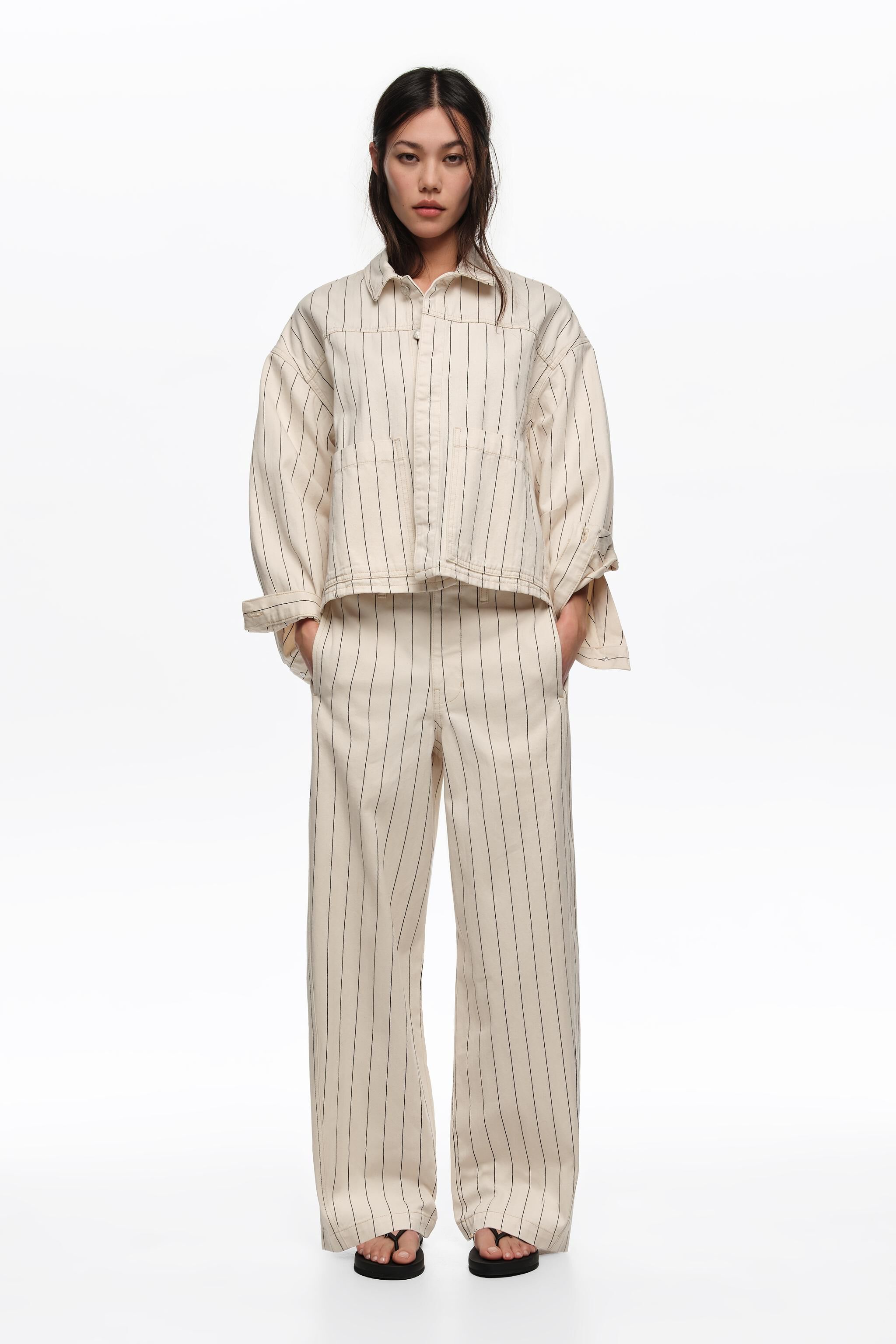 Chaqueta vaquera A-line con rayas off-white