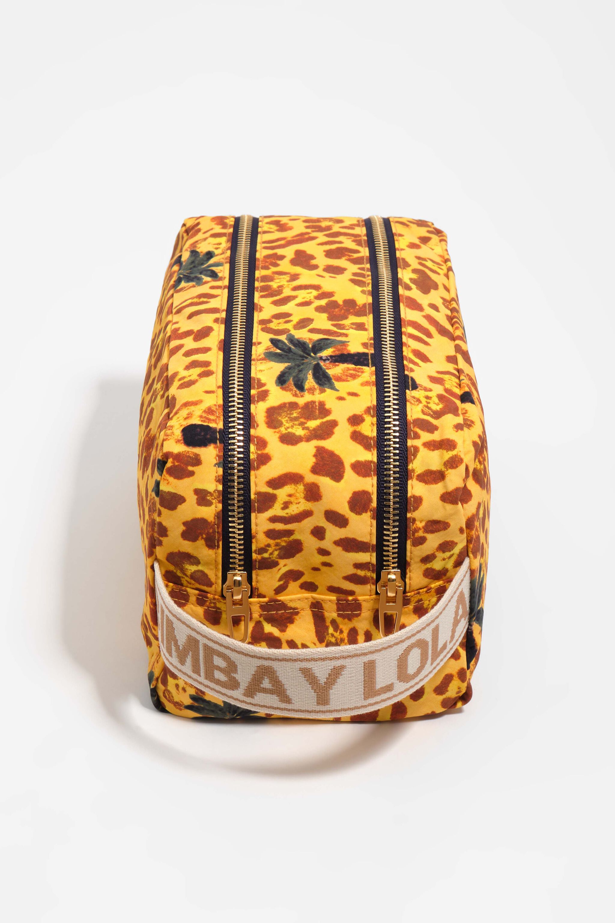 Estuche de maquillaje doble de nailon con palmeras leopardo amarillas grandes