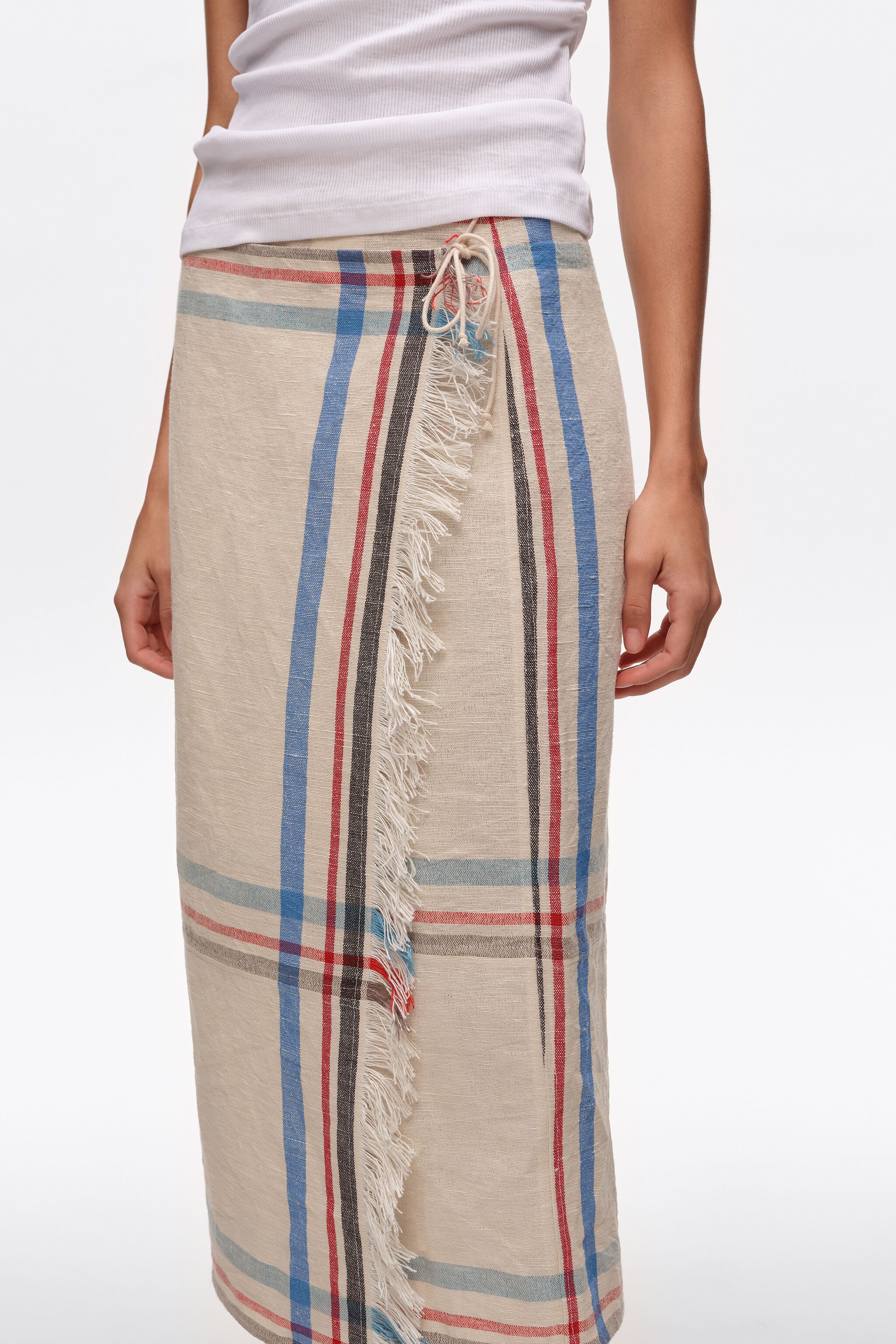 Falda midi recta de lino estampada ecru