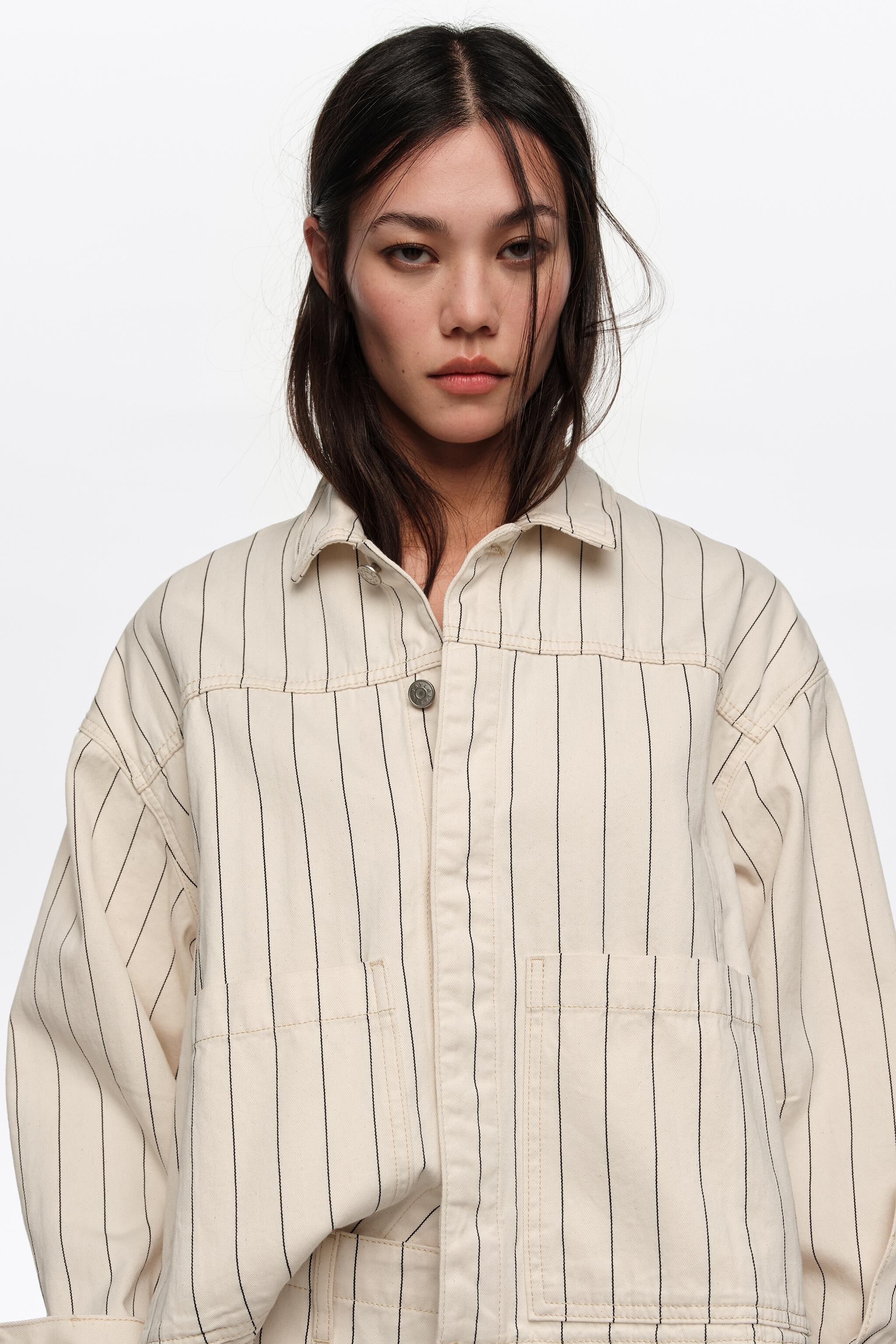 Chaqueta vaquera A-line con rayas off-white