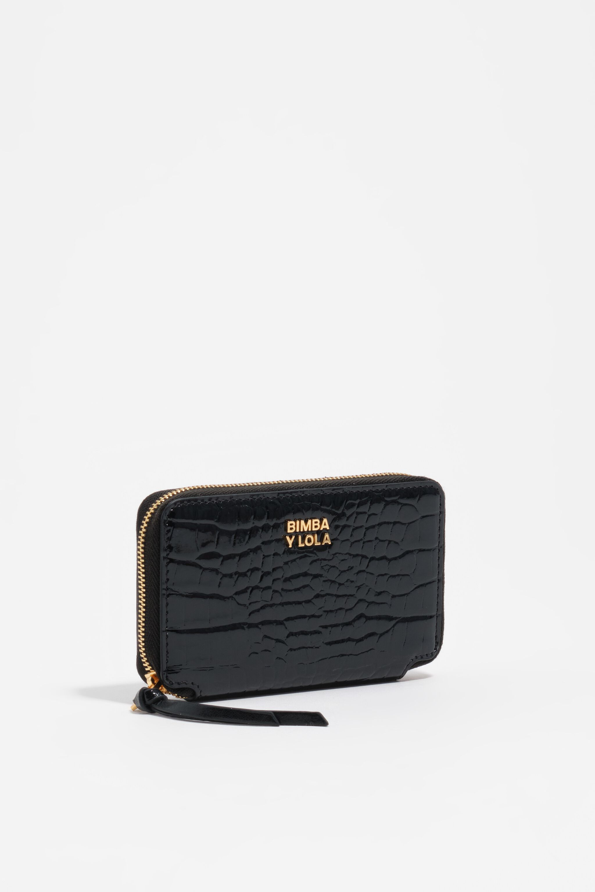 Monedero compacto de cuero de cocodrilo estampado negro