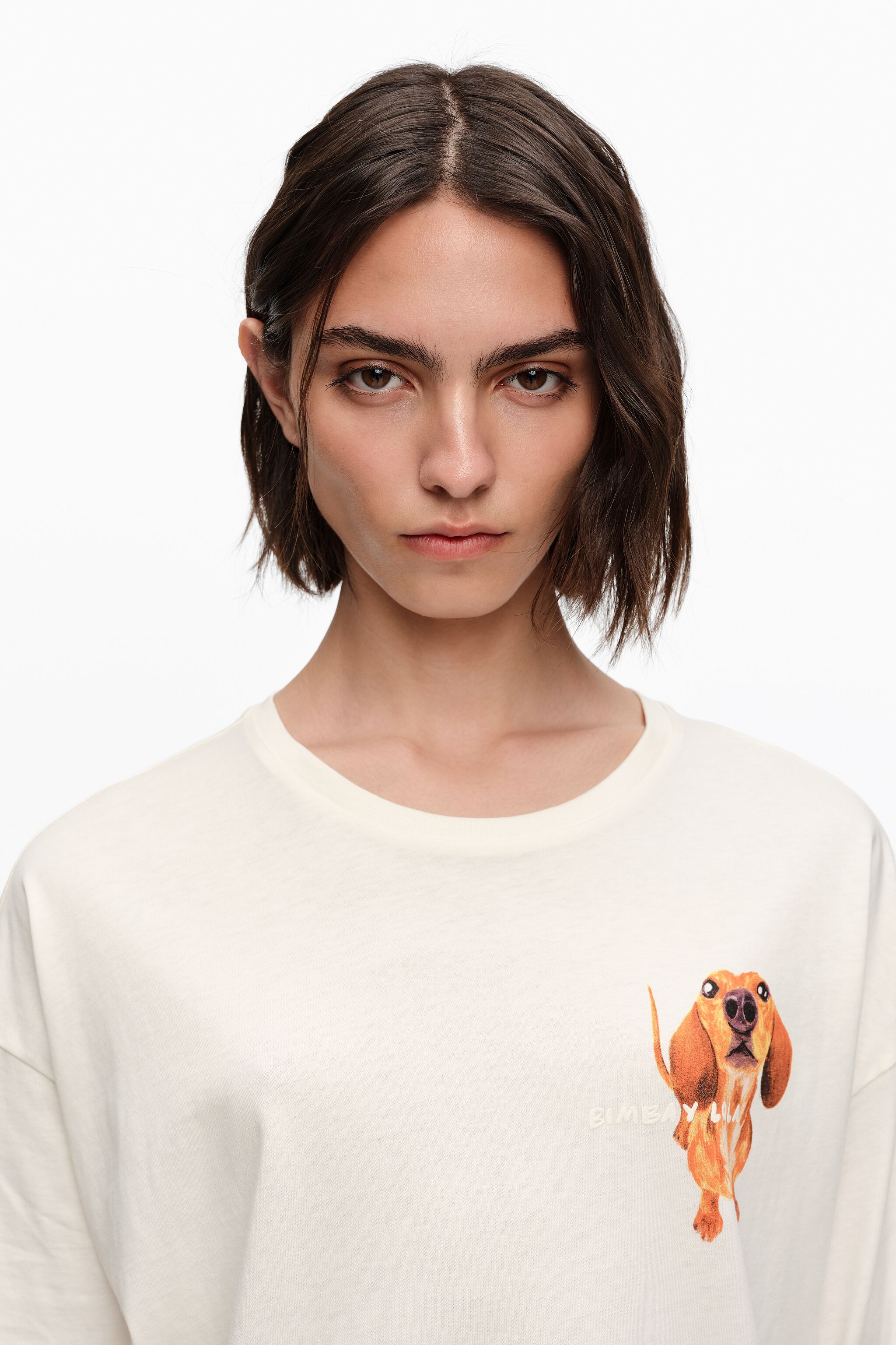 Camiseta con logo de dachshund marfil