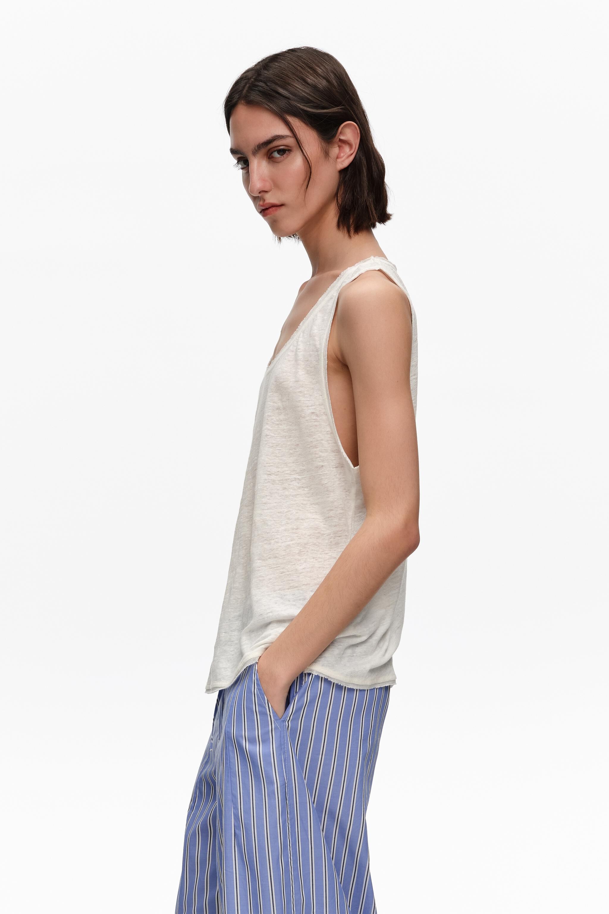 Top de chaleco de lino lavado marfil