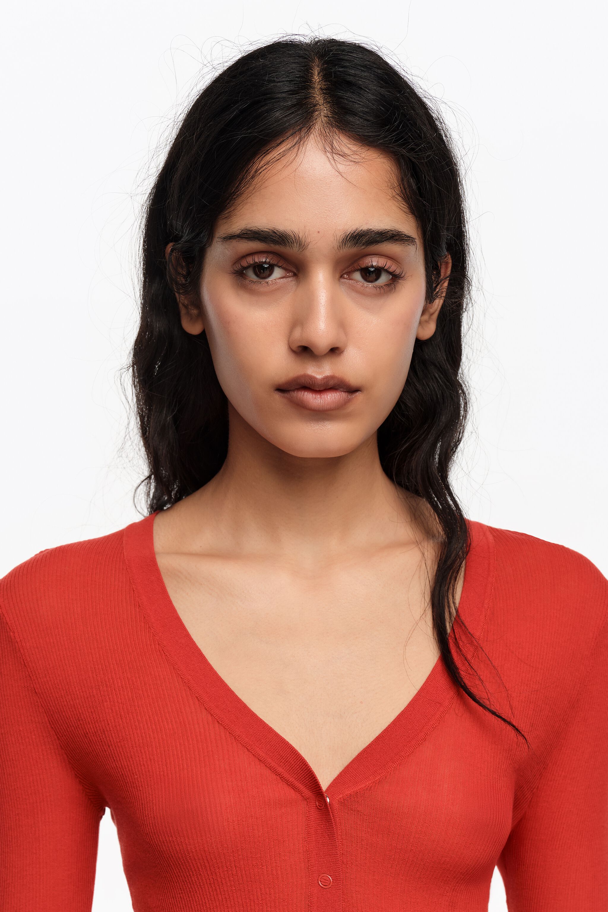 Sweater ajustado de punto ribeteado rojo