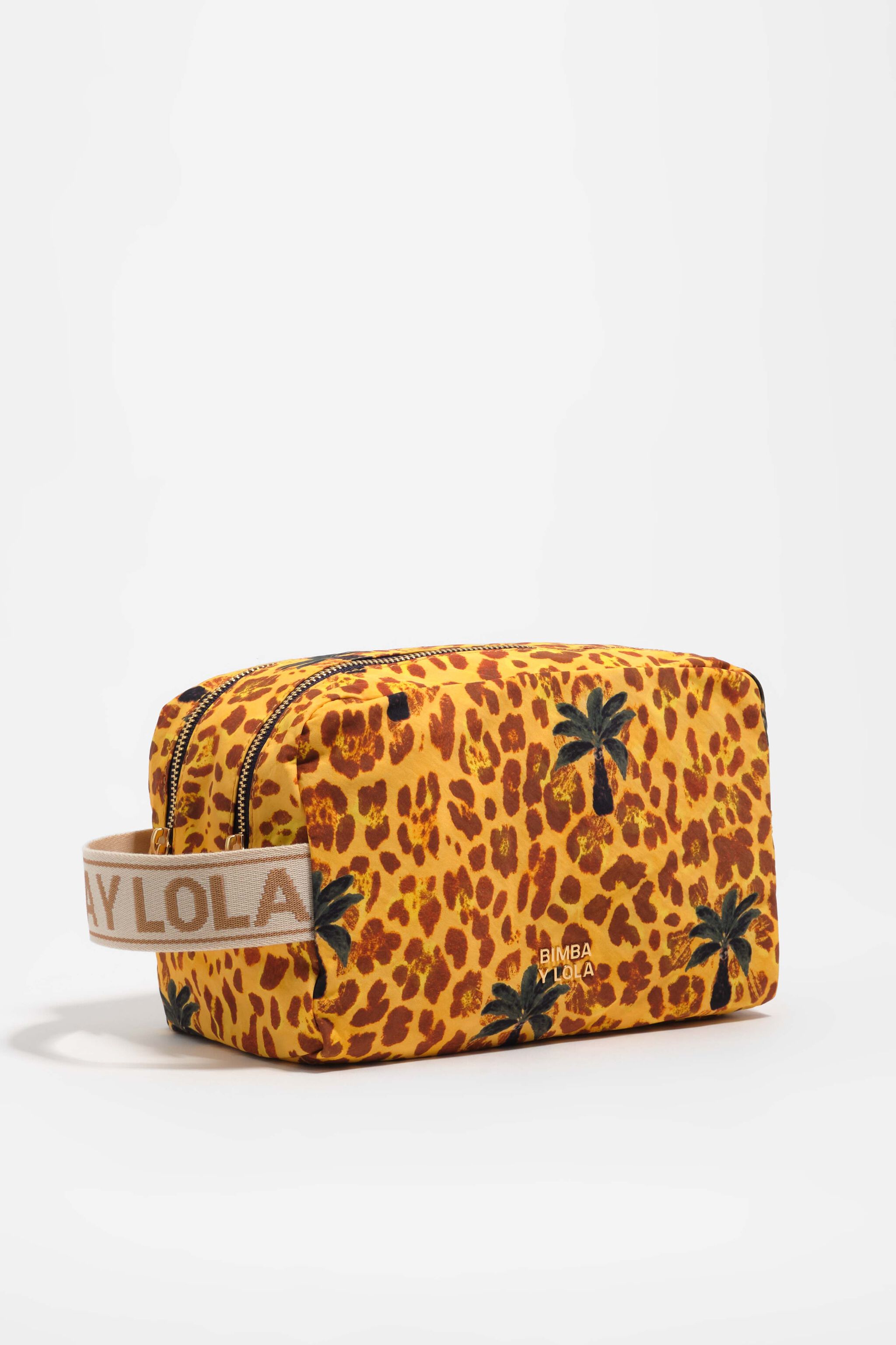 Estuche de maquillaje doble de nailon con palmeras leopardo amarillas grandes