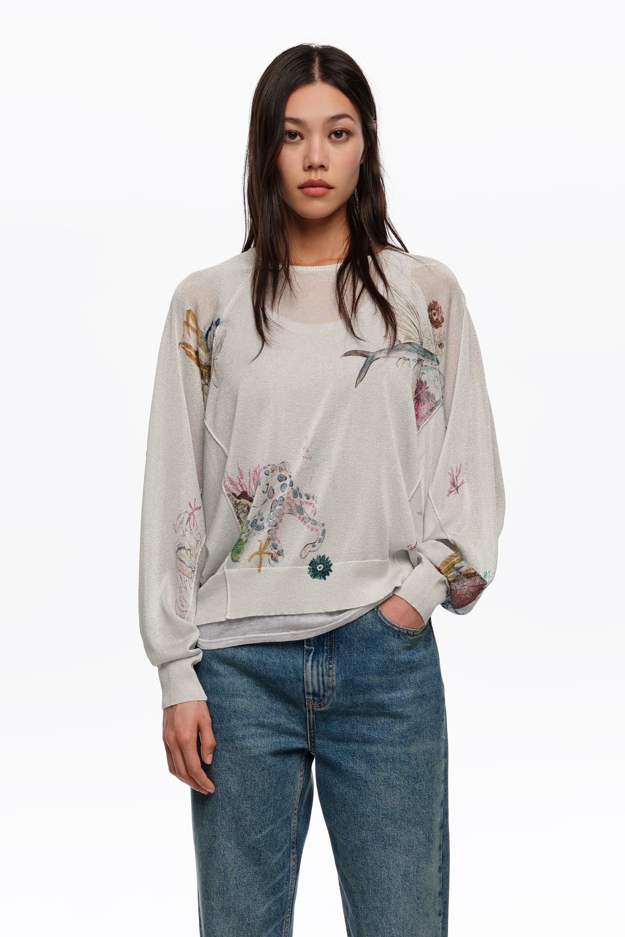 Sweater de manga en forma de ala de color marfil con hilo lurex