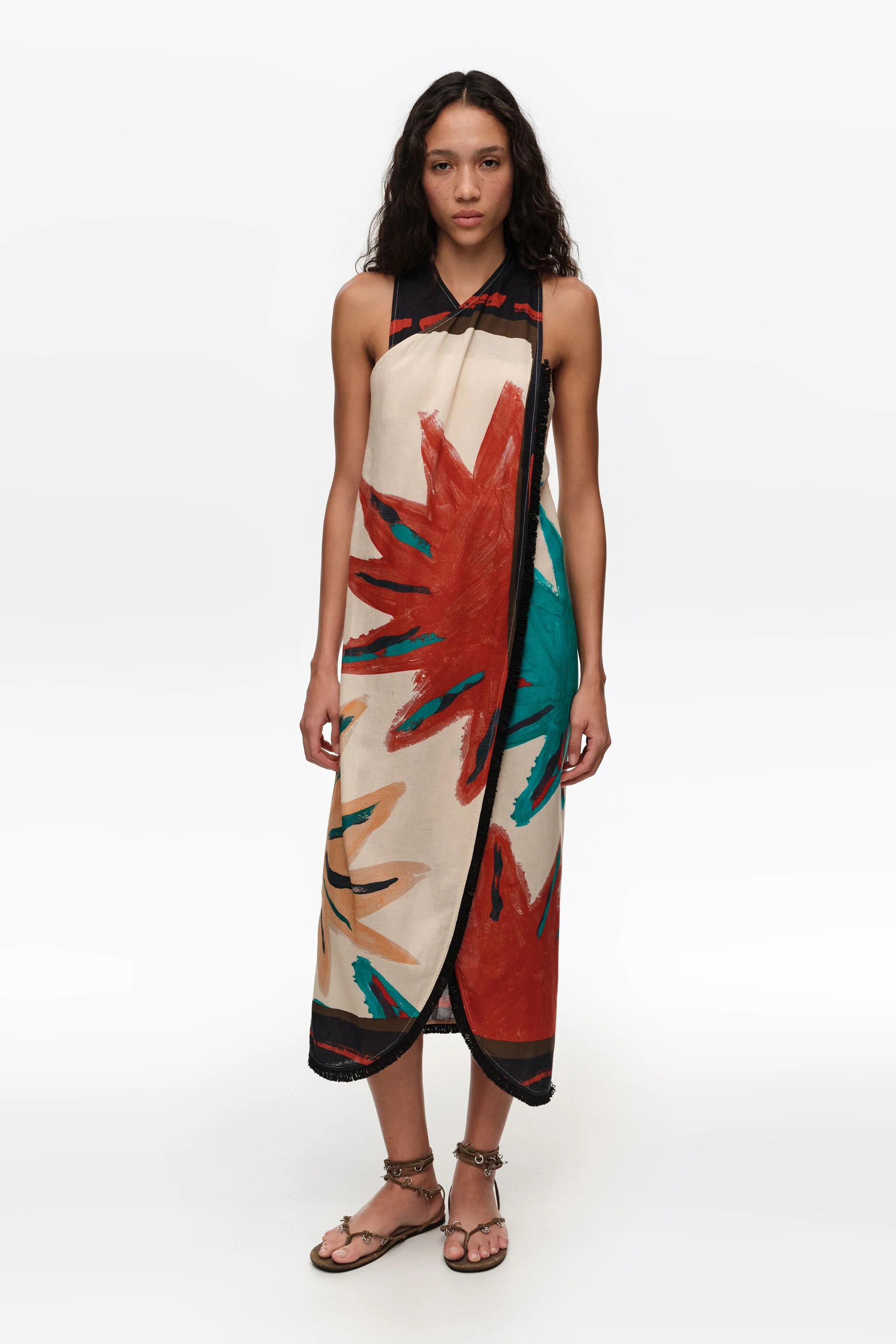 Vestido midi envolvente con flecos de sol posicional