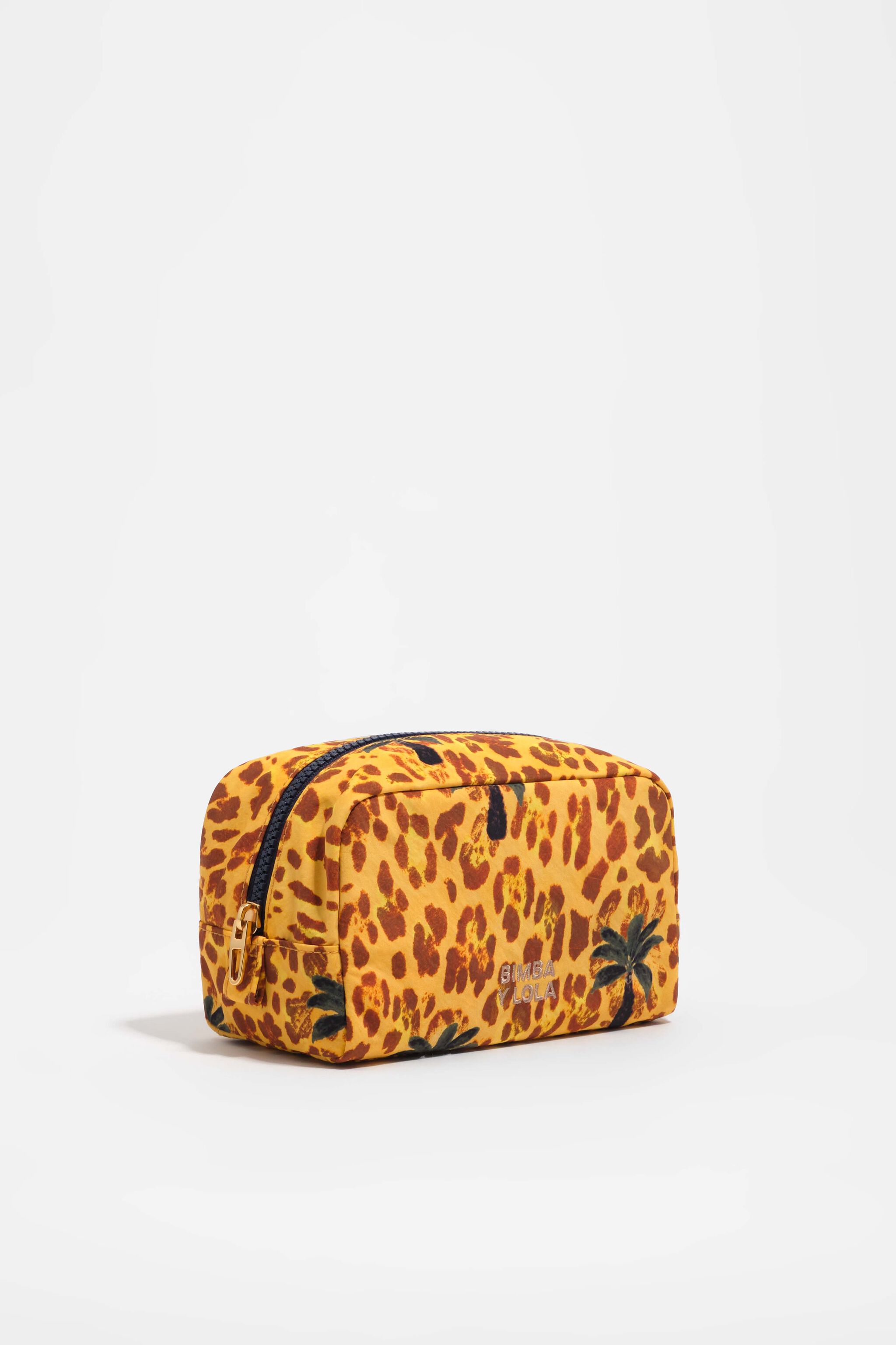 Estuche de maquillaje de nailon con palmeras leopardi amarillas pequeñas