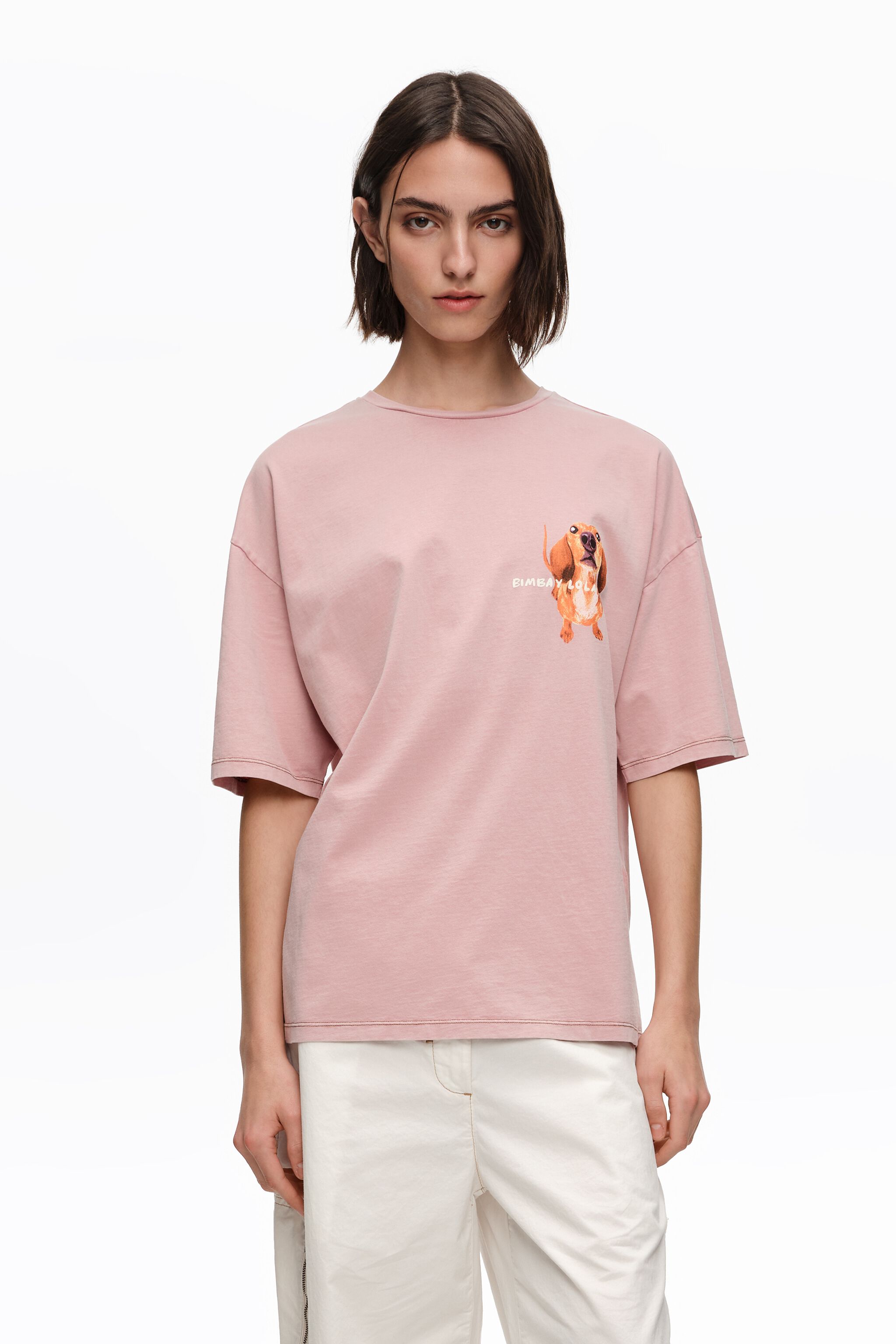 Camiseta con logo de dachshund rosa polvo