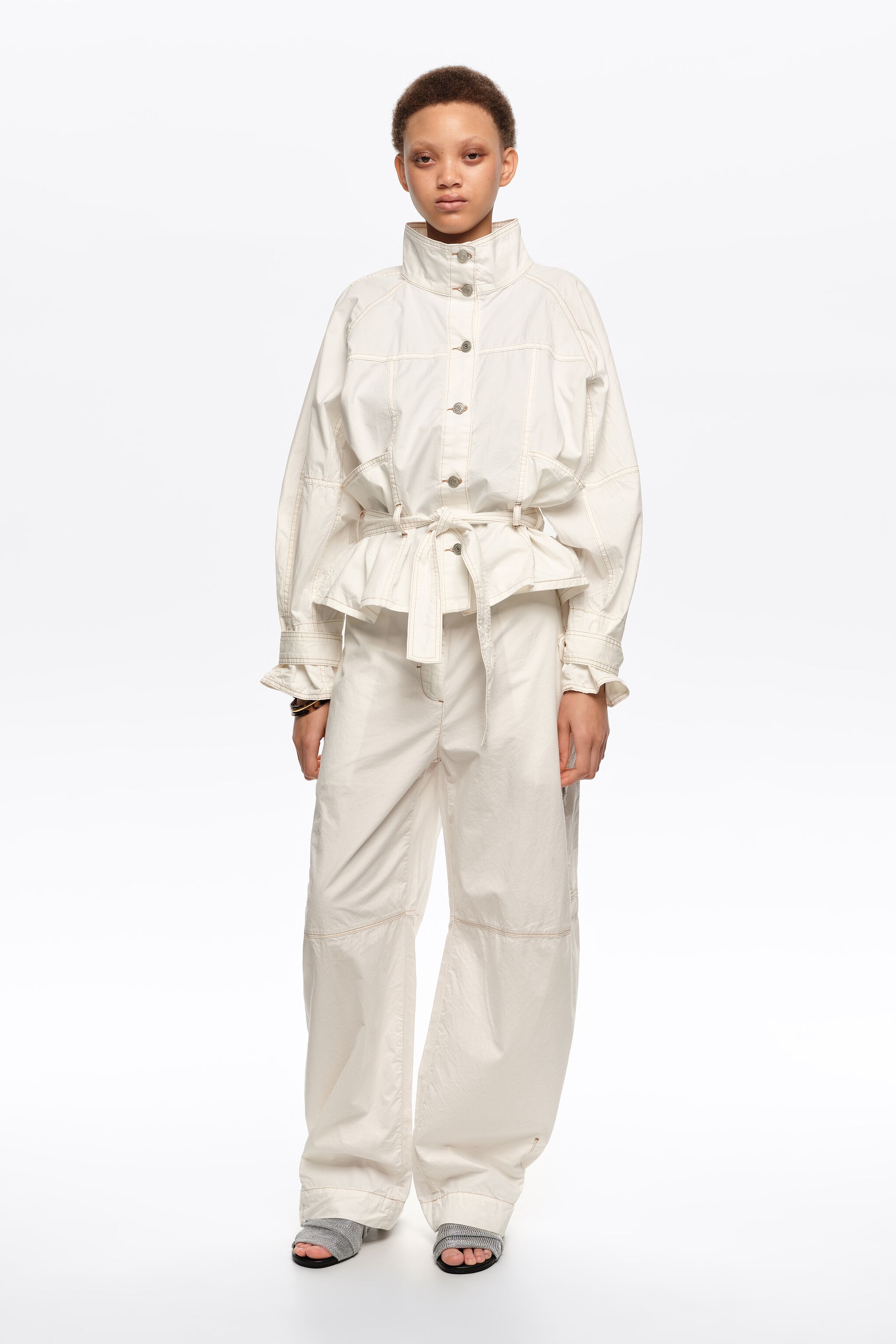 Pantalones de pierna barril ajustable, algodón lavado blanco