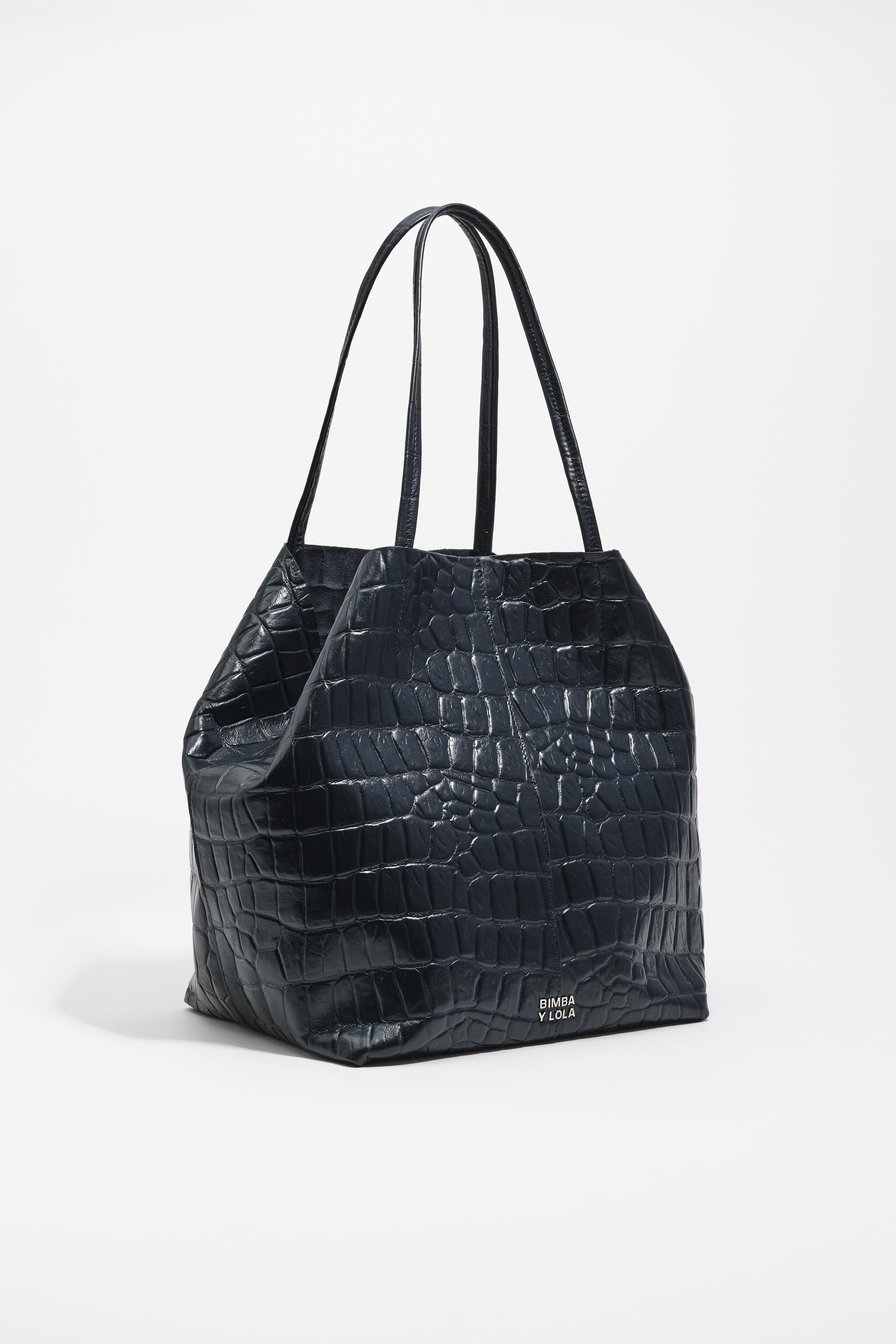 Bolso de mano grande de cuero en azul petróleo con relieve de cocodrilo