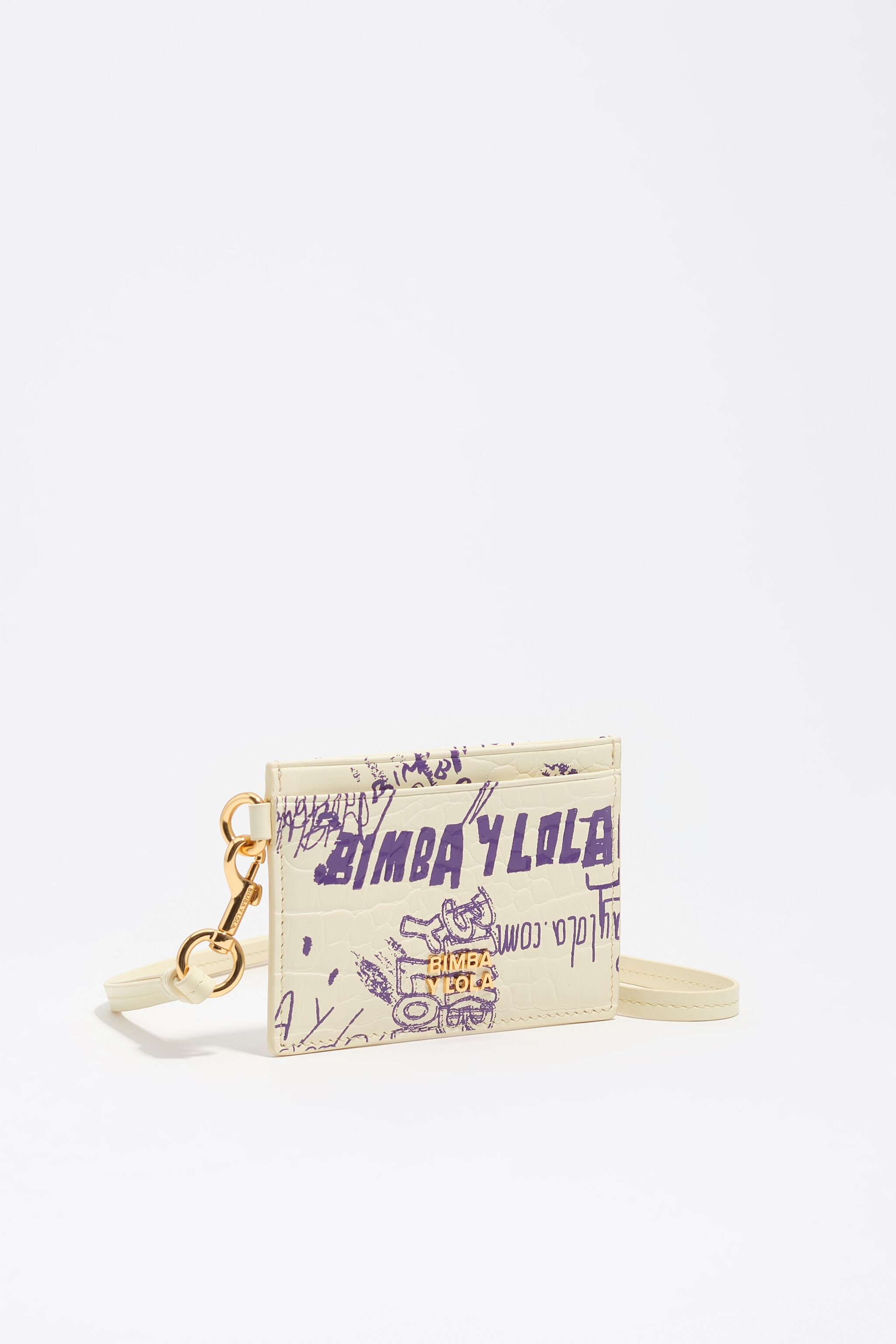 Porta tarjetas con logotipos amarillos y morados de BIMBA