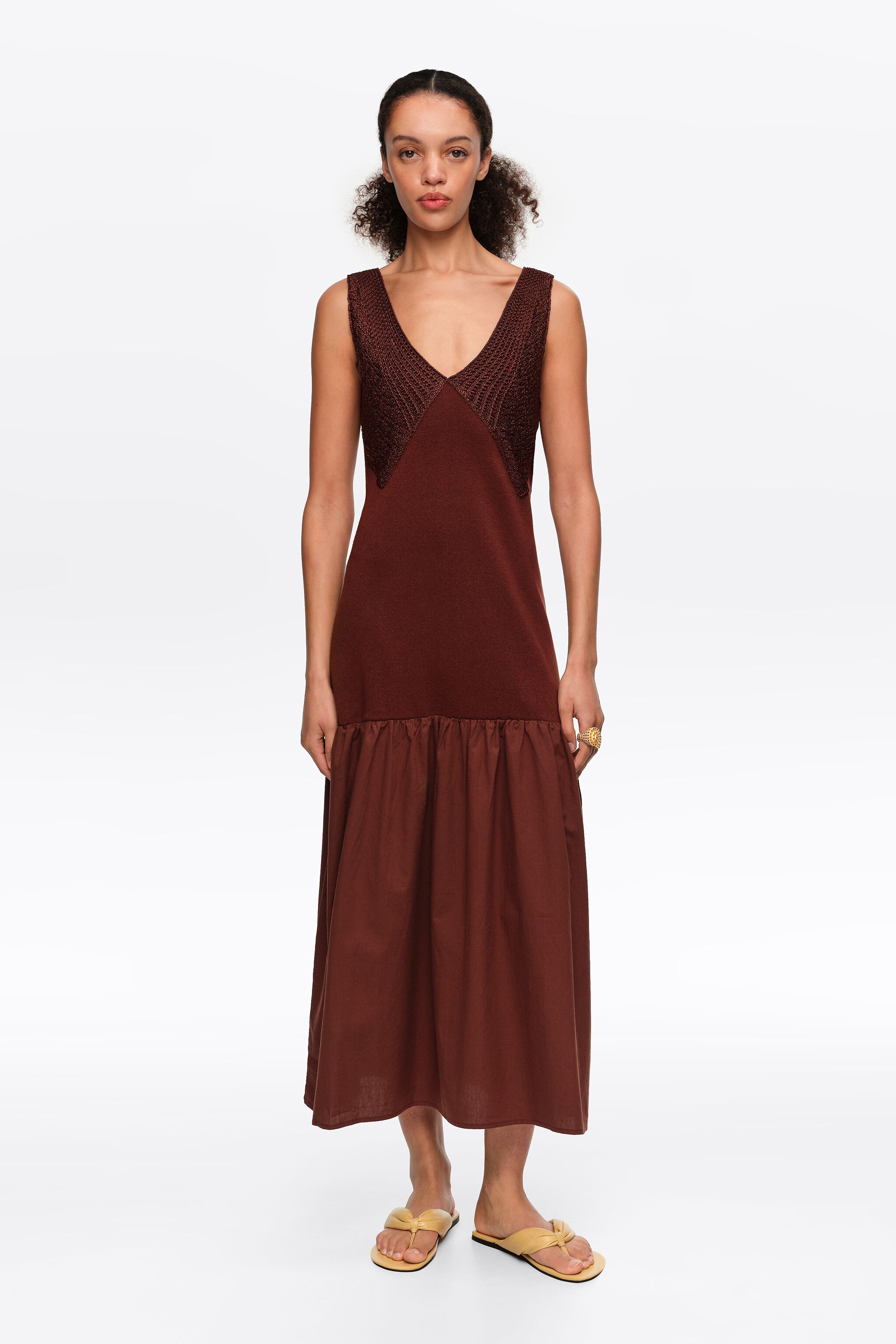 Vestido de punto A-line de dos materiales marrón