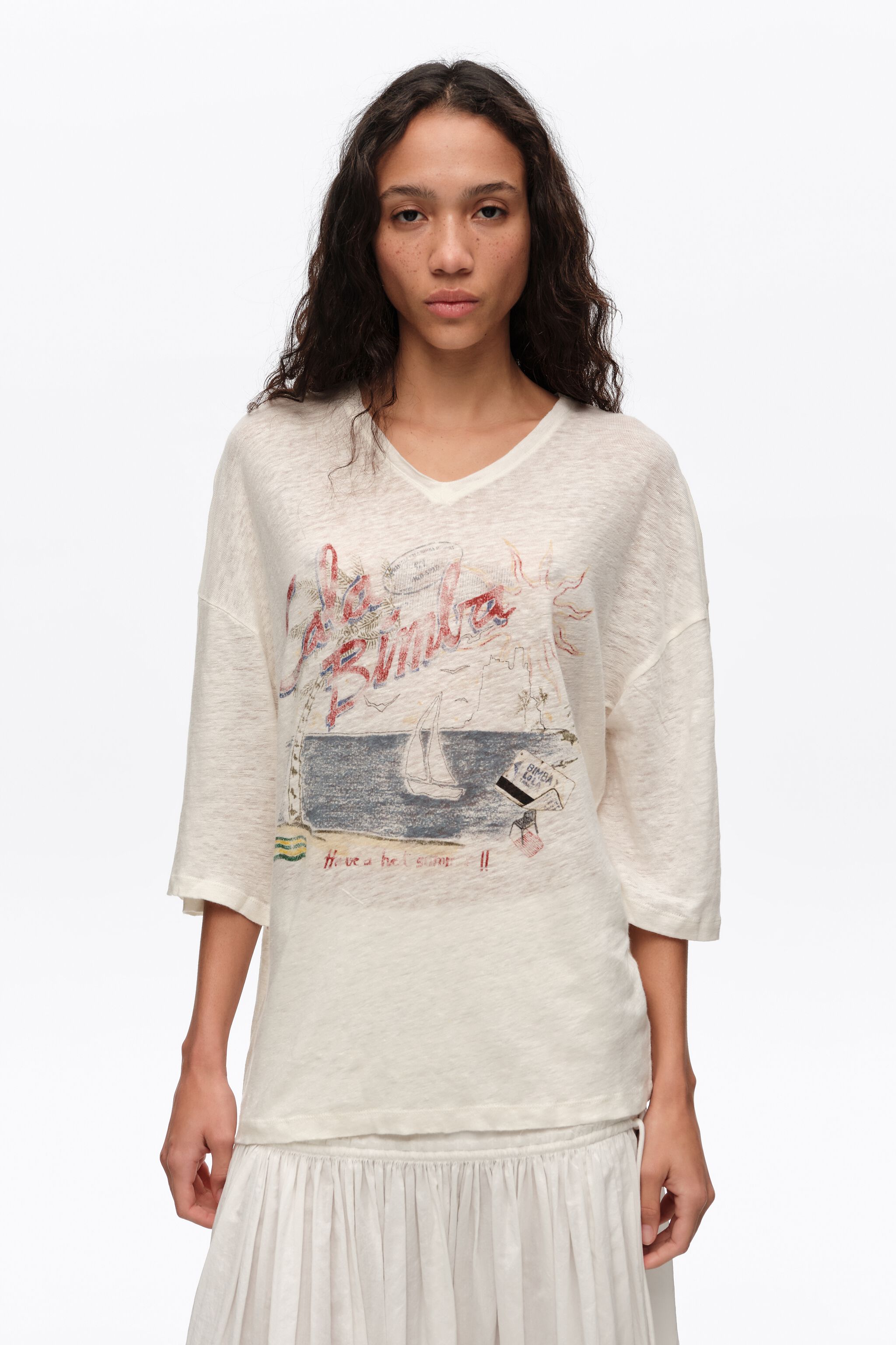 Camiseta de lino marfil desvanecido con logo Bimba Cala