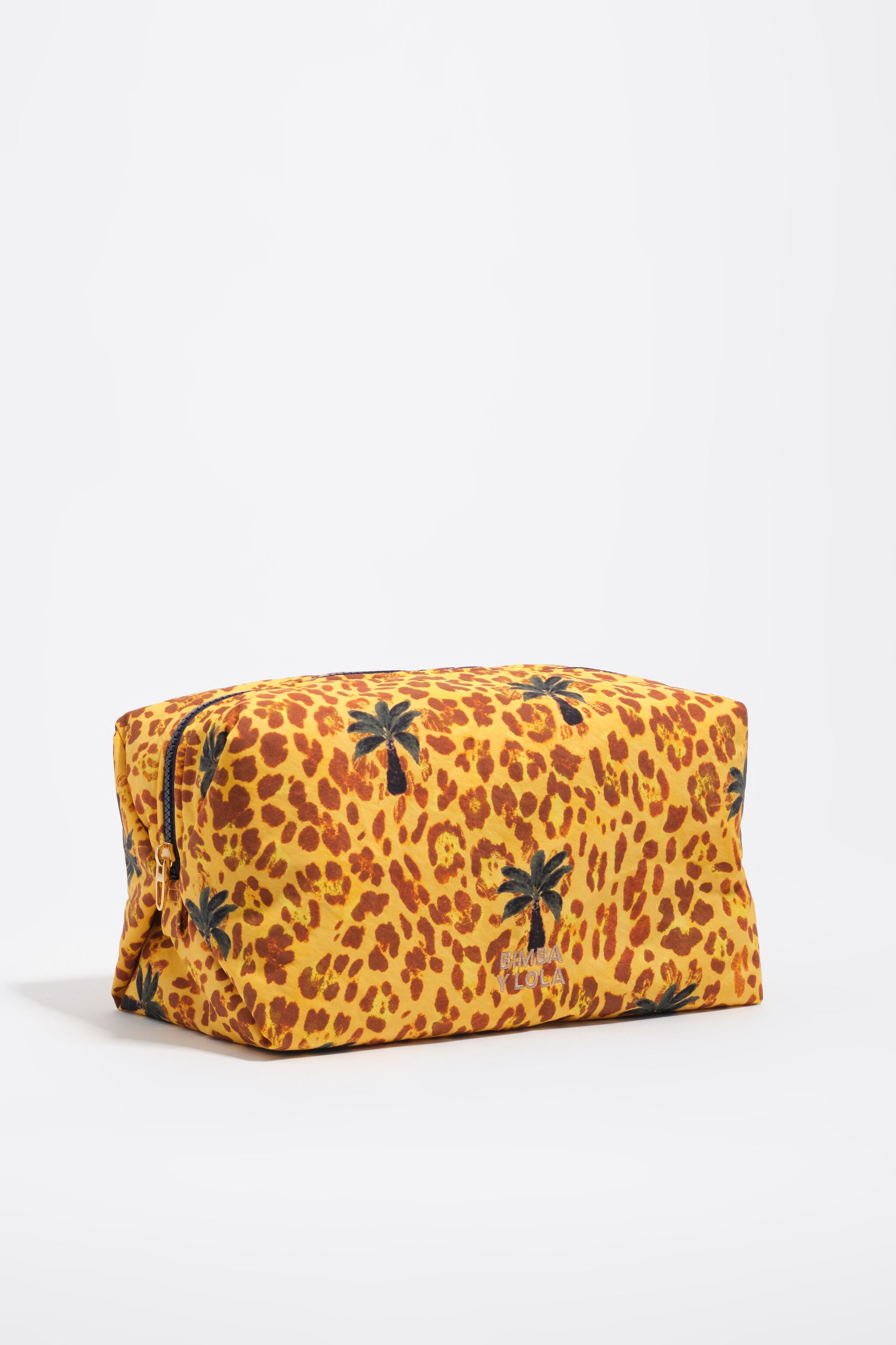 Estuche de maquillaje de nailon con palmeras leopardo amarillas grandes