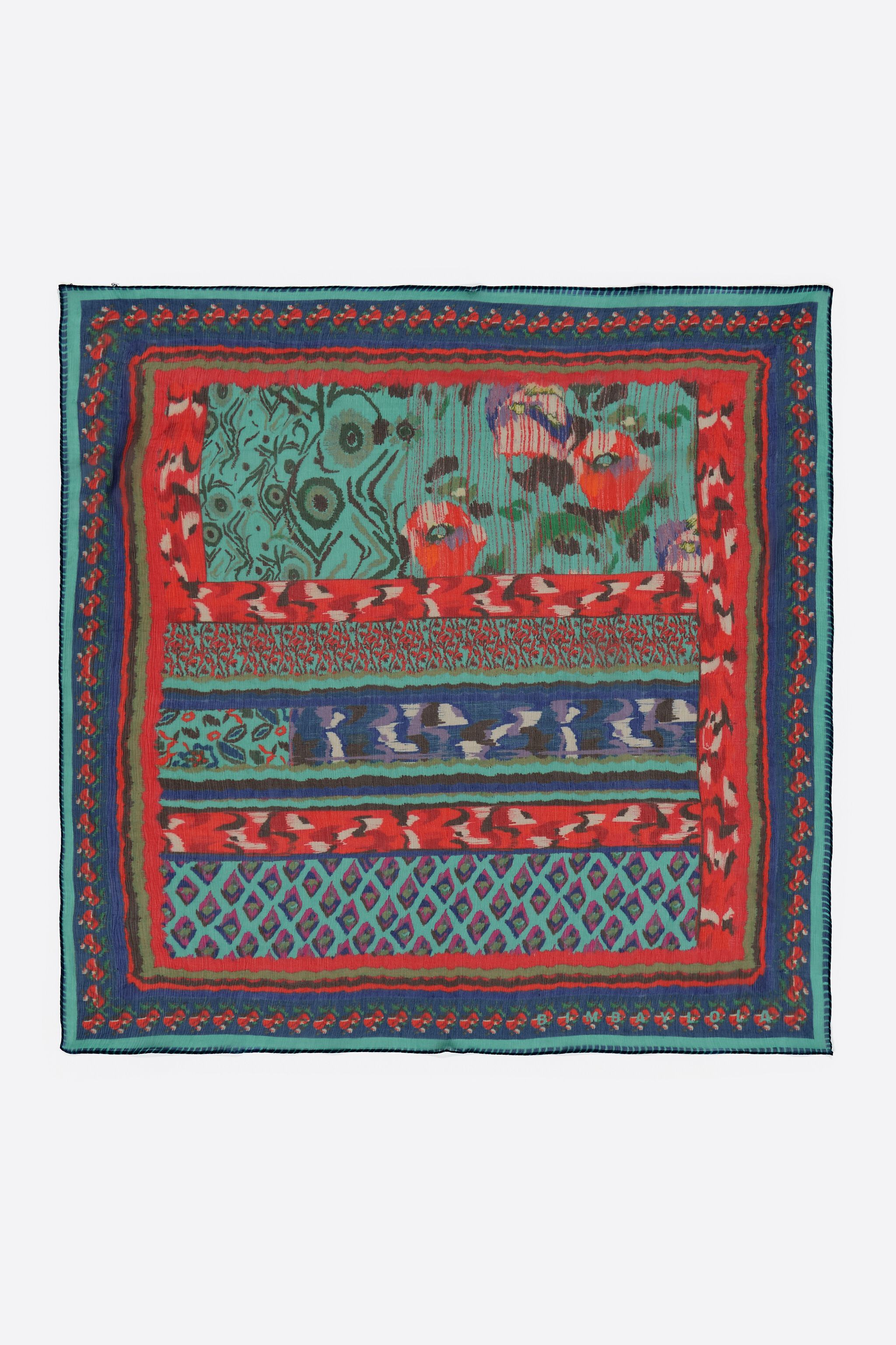 Pañuelo floral de rayas con estampado ikat rojo