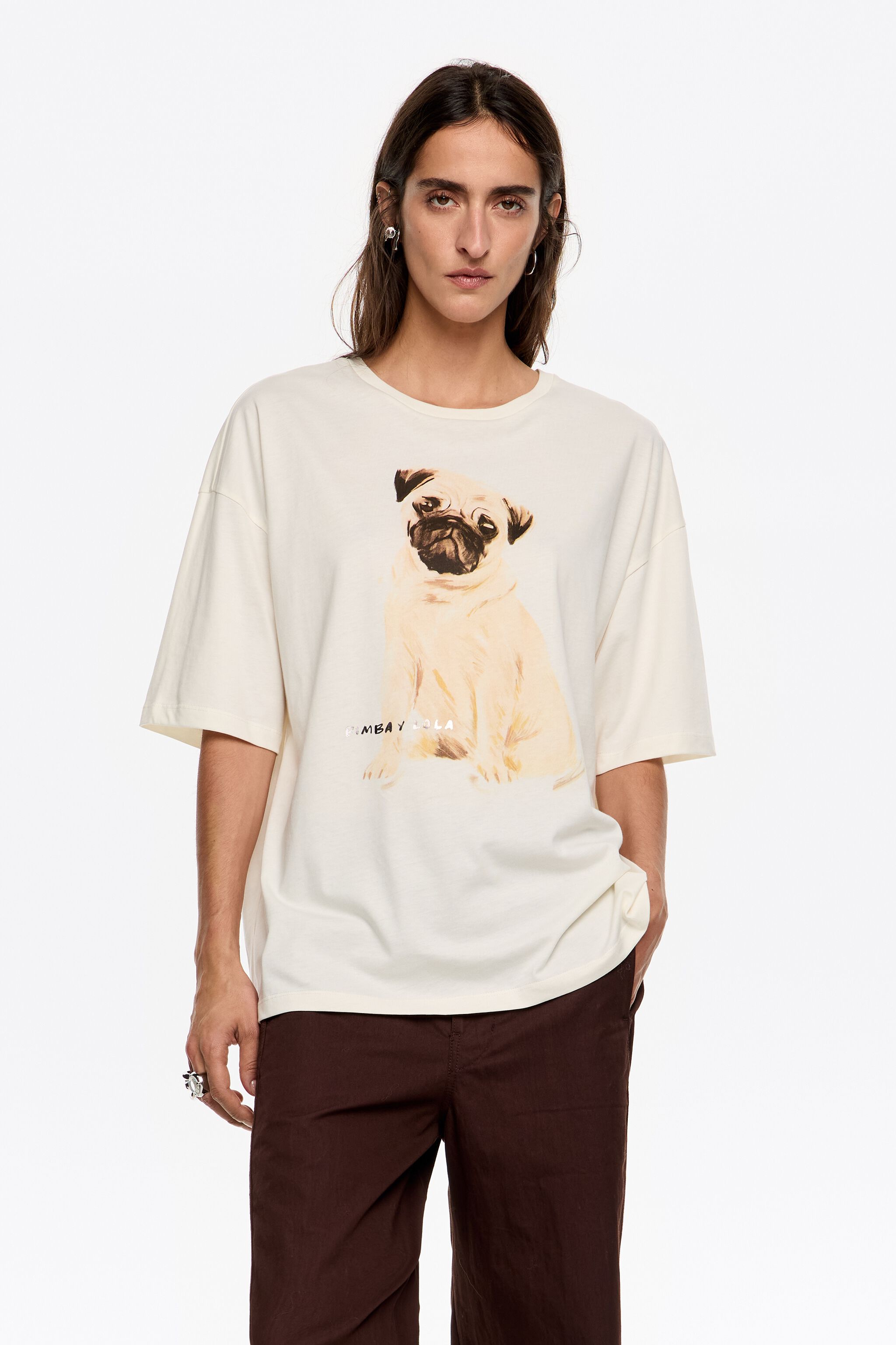 Camiseta con logo de pug en marfil