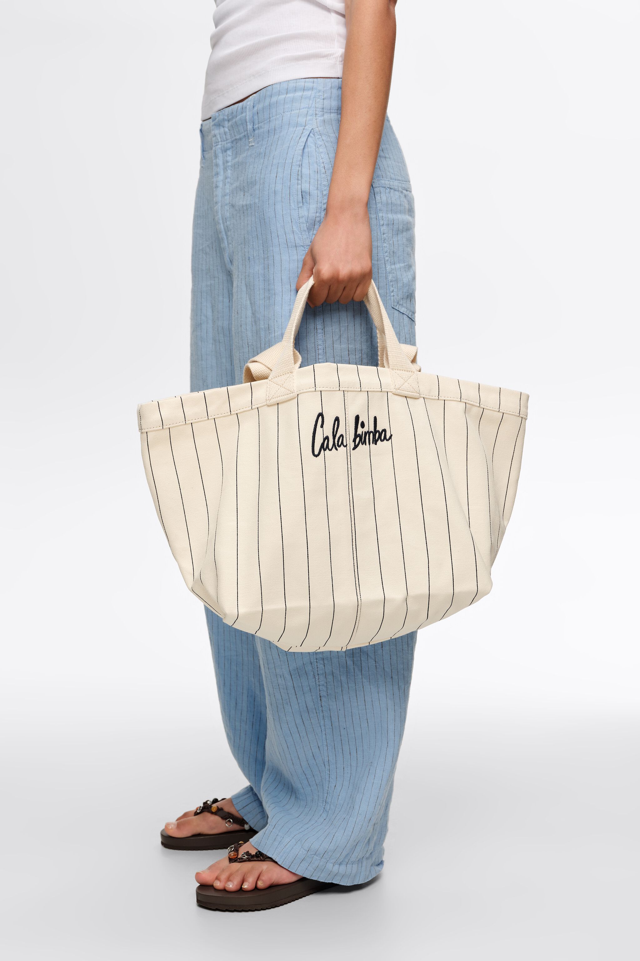 Bolso de cesta de algodón beige claro grande