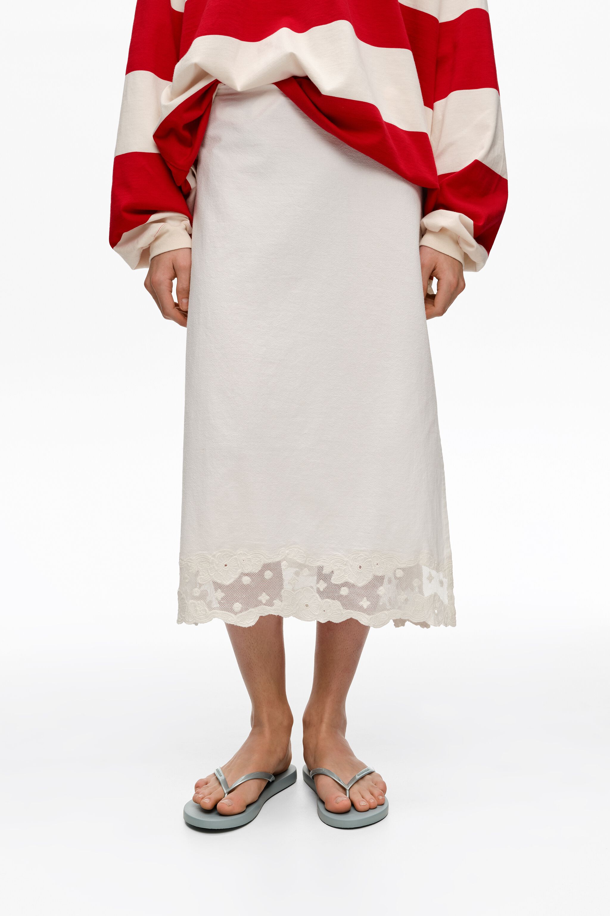 Falda midi de encaje de algodón ivory