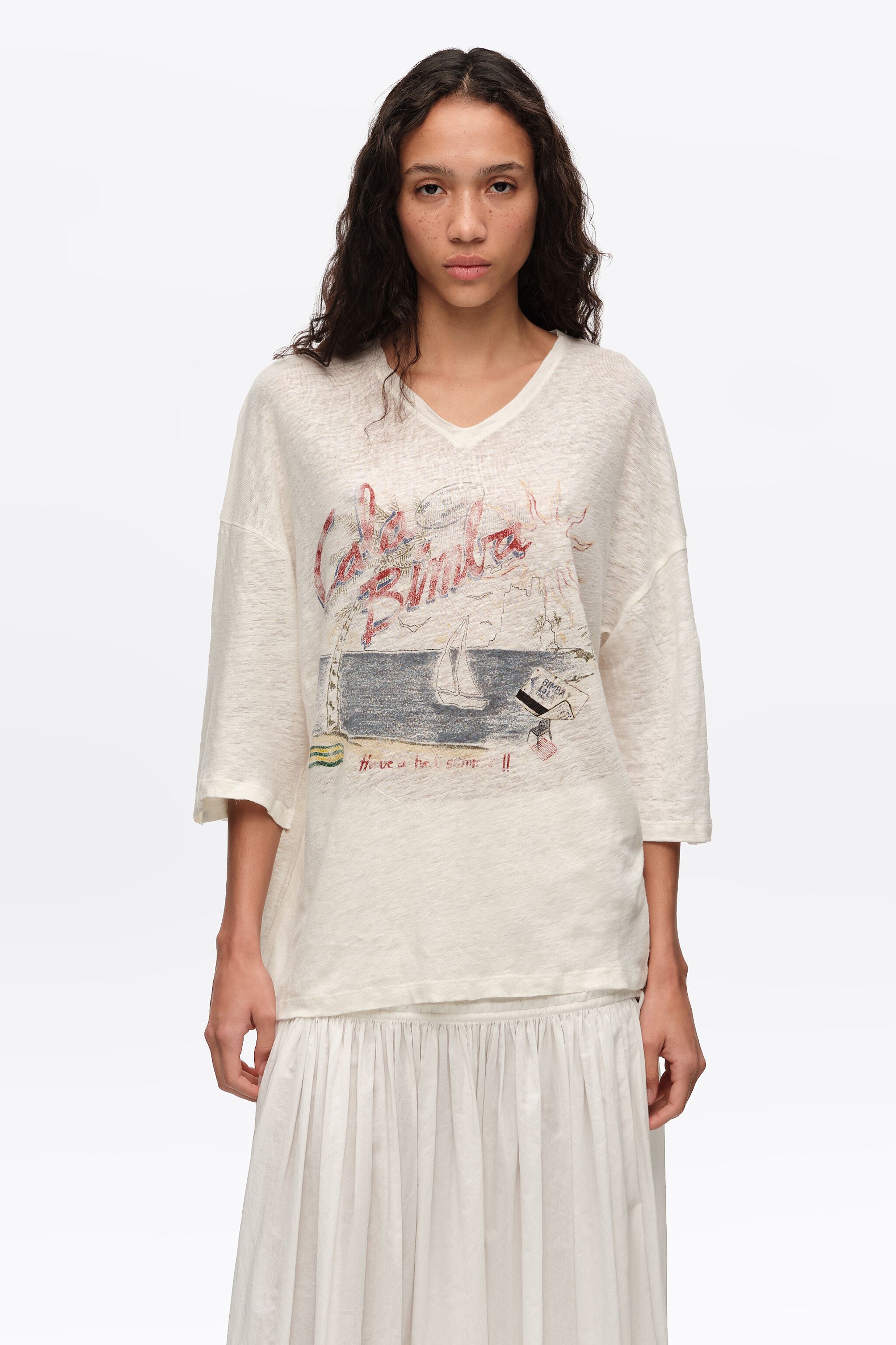 Camiseta de lino marfil desvanecido con logo Bimba Cala
