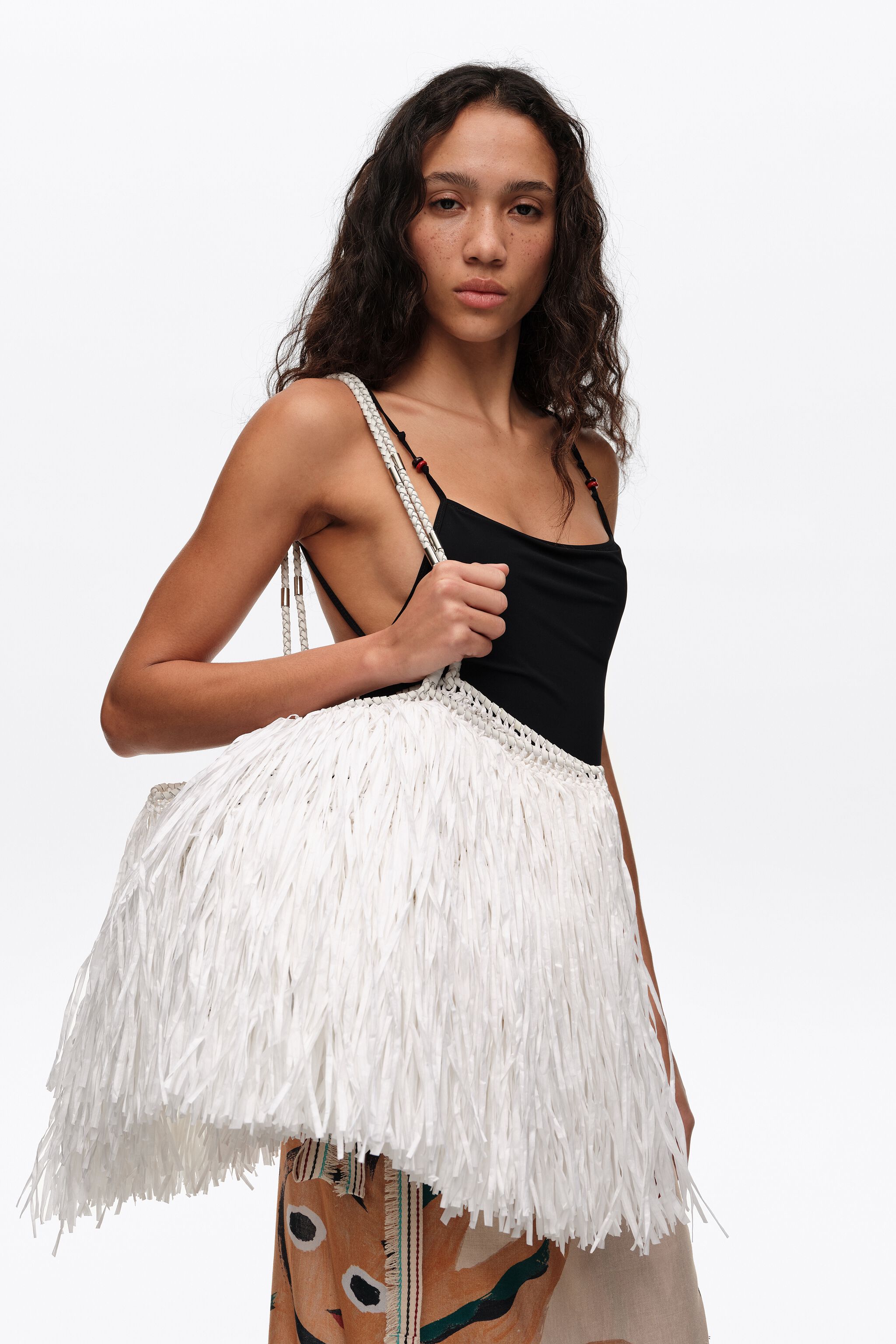 Bolsa de compras grande de efecto rafia blanco