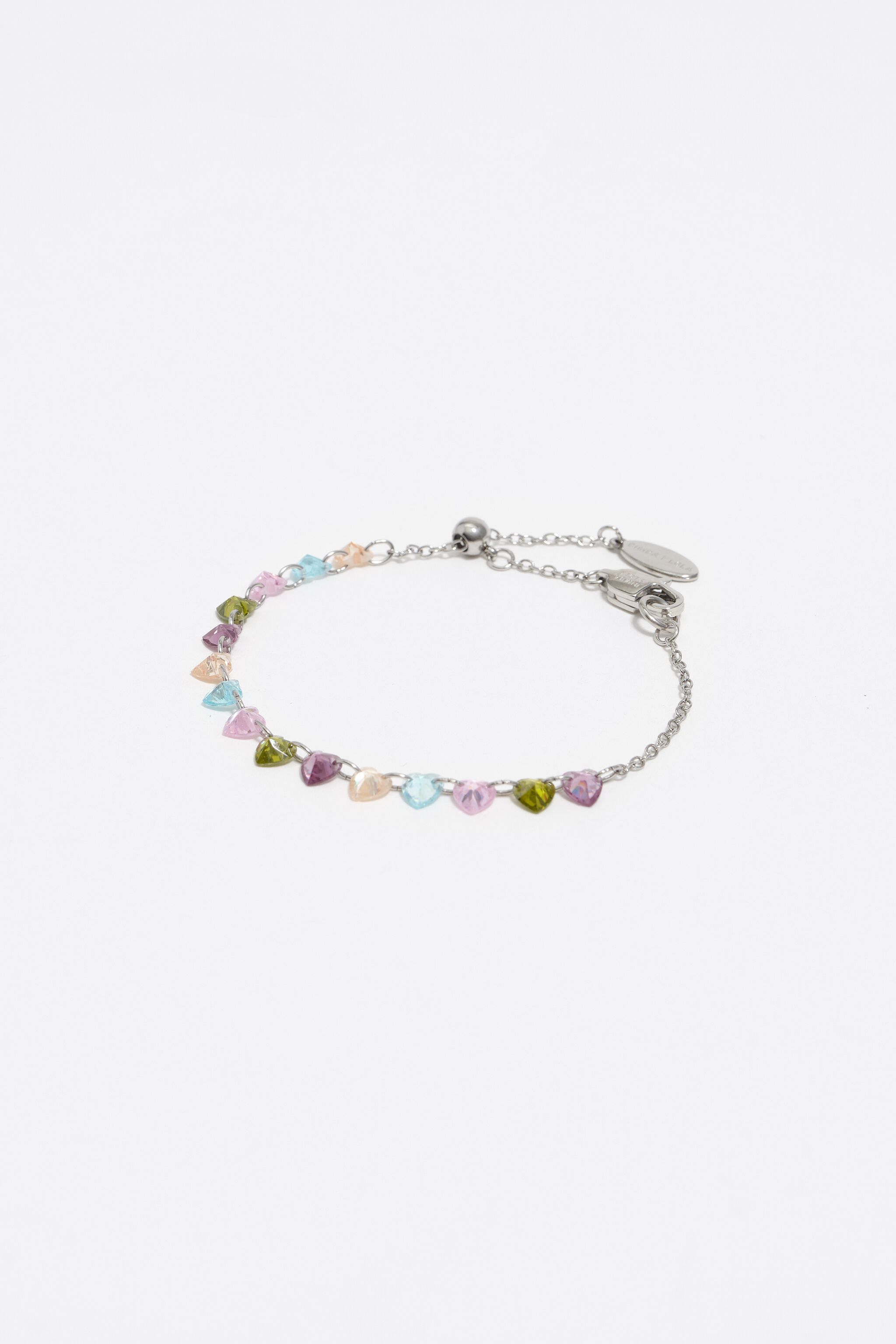Pulsera de corazones con cristales multicolor en tono plata