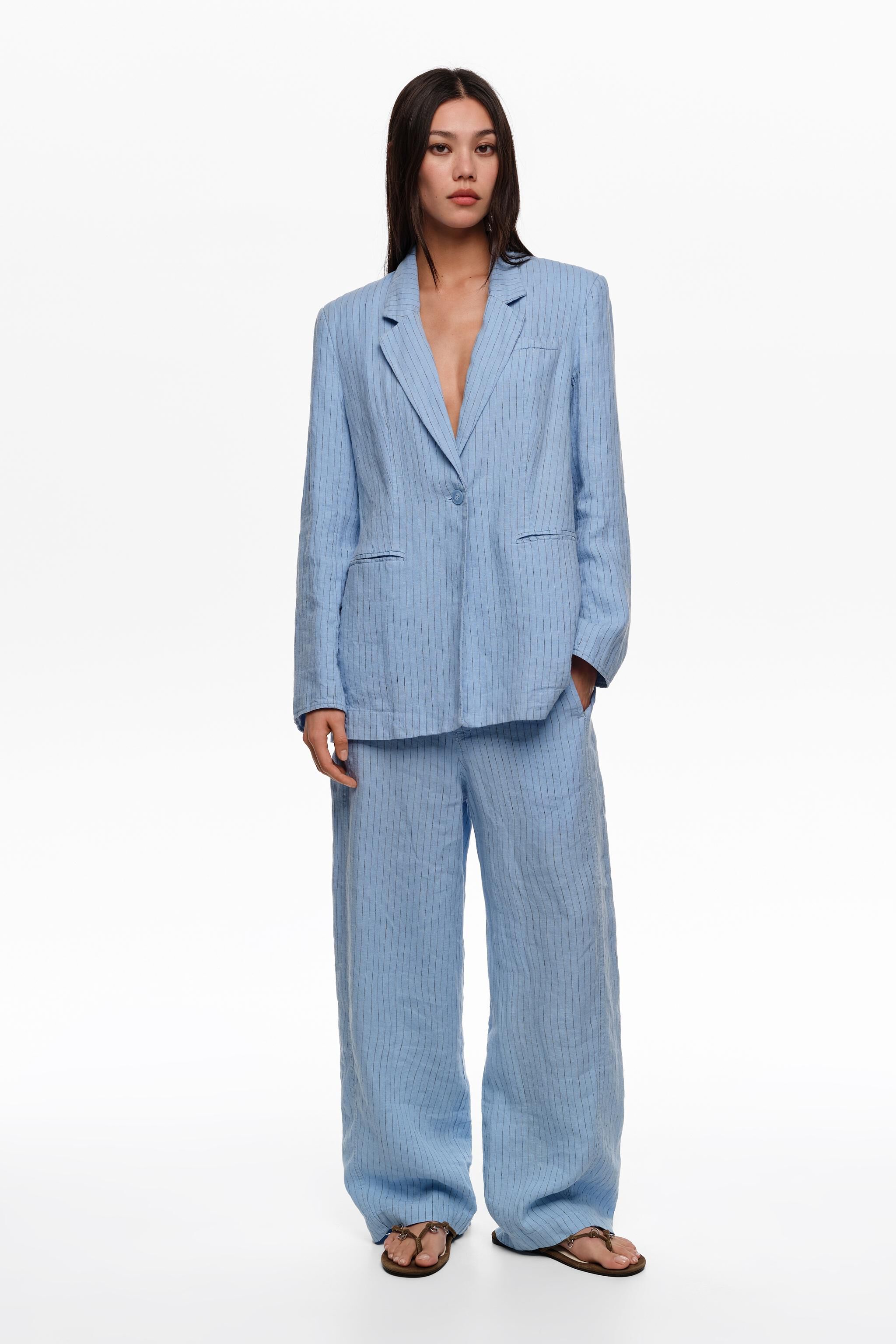 Pantalones de lino lavado con rayas azul claro