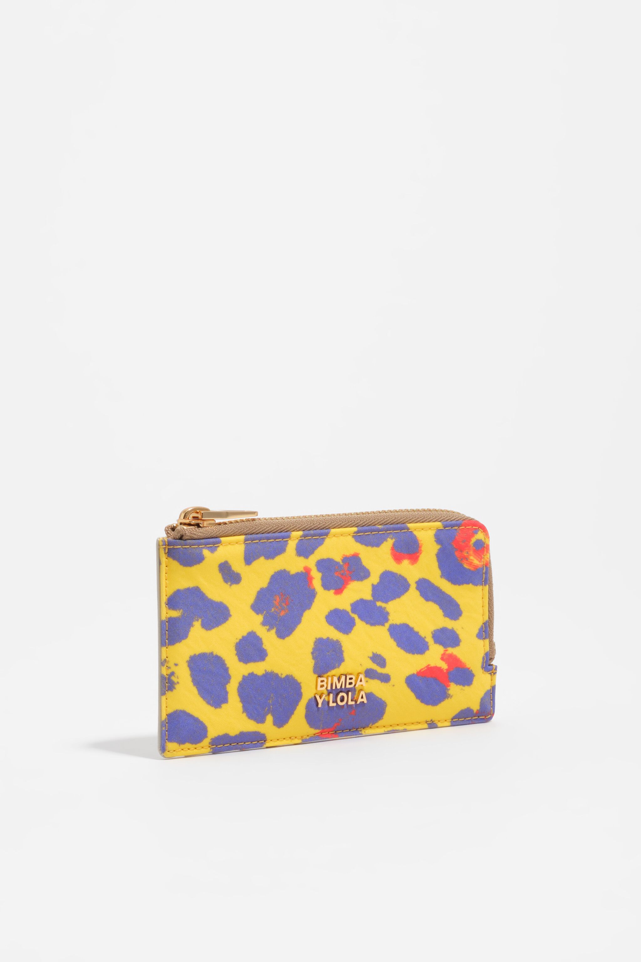 Porta tarjetas/billetera de nylon con estampado de leopardo amarillo intenso