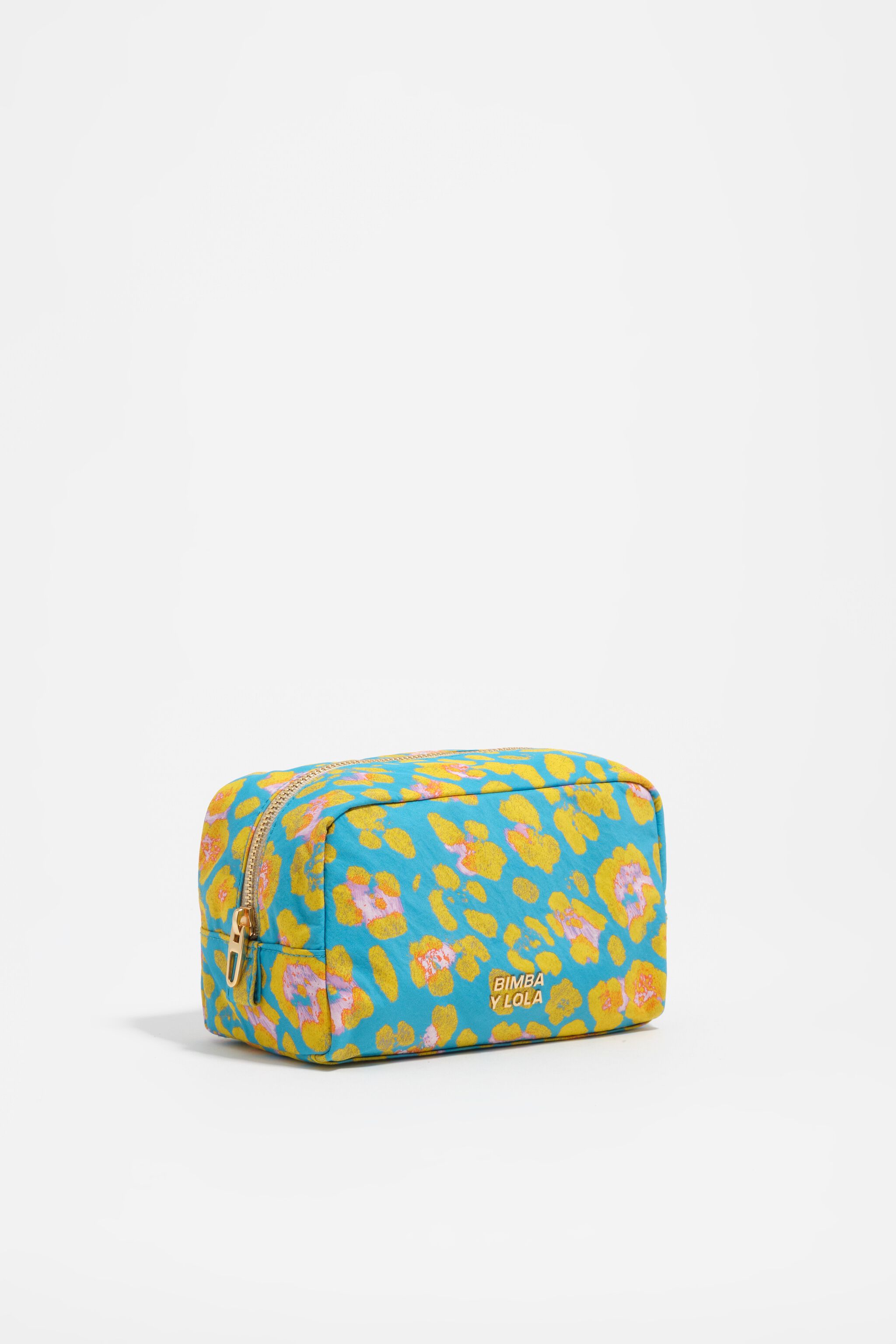 Estuche de maquillaje de nylon azul pequeño con estampado de leopardo