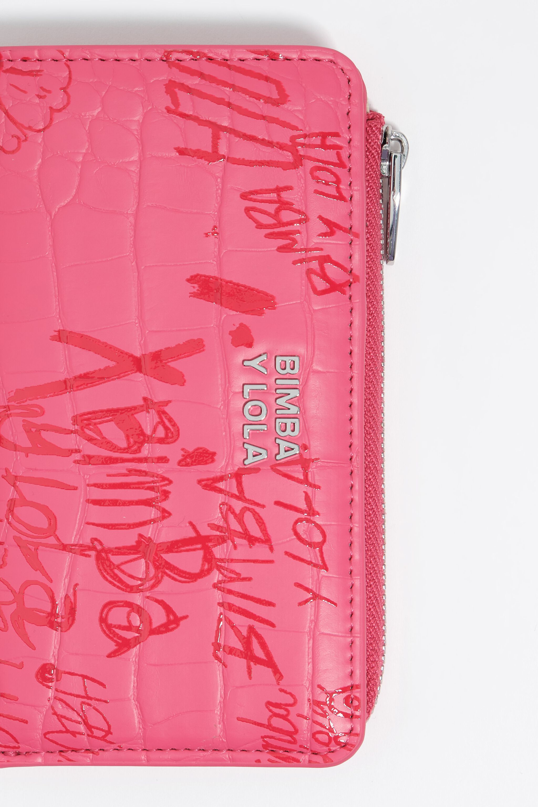 Monedero compacto con logotipo de BIMBA de color rosa fresa