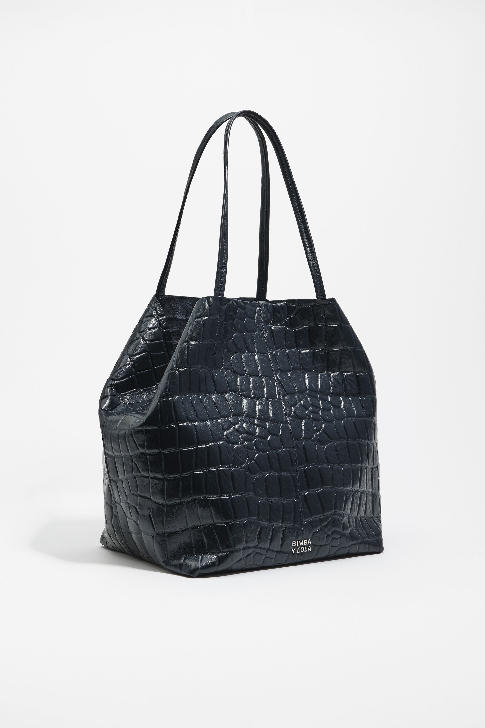 Bolso de mano grande de cuero en azul petróleo con relieve de cocodrilo