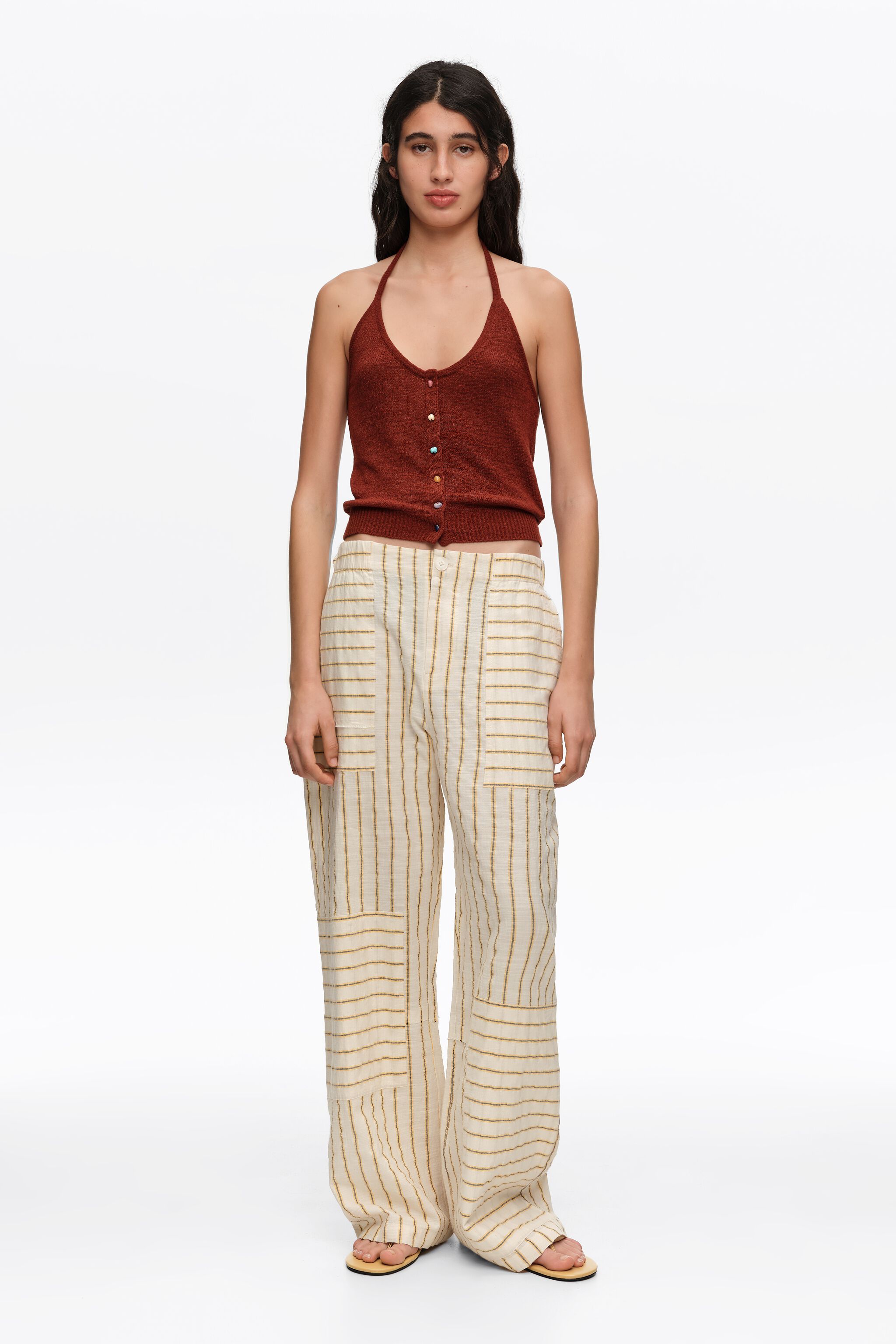 Pantalones jogger de algodón ocre con patchwork y rayas