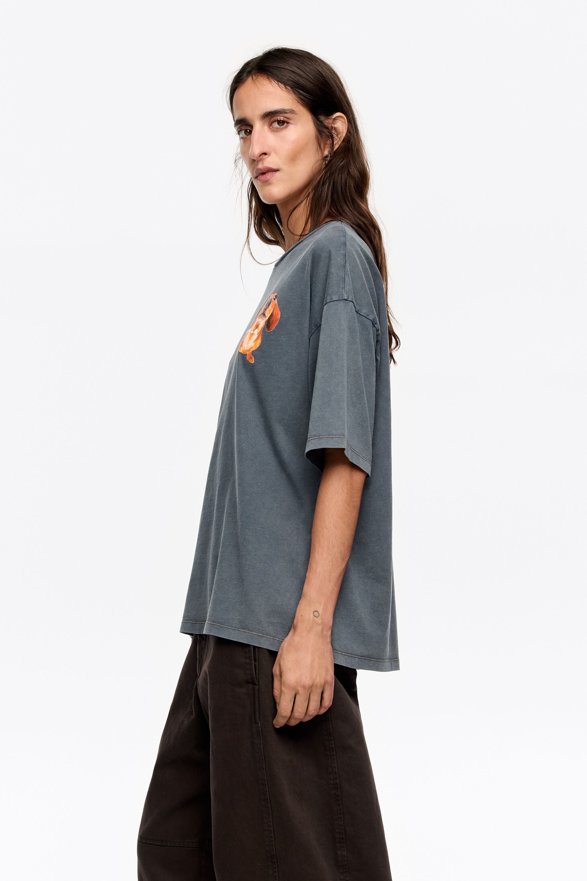 Camiseta con logo de dachshund azul-gris