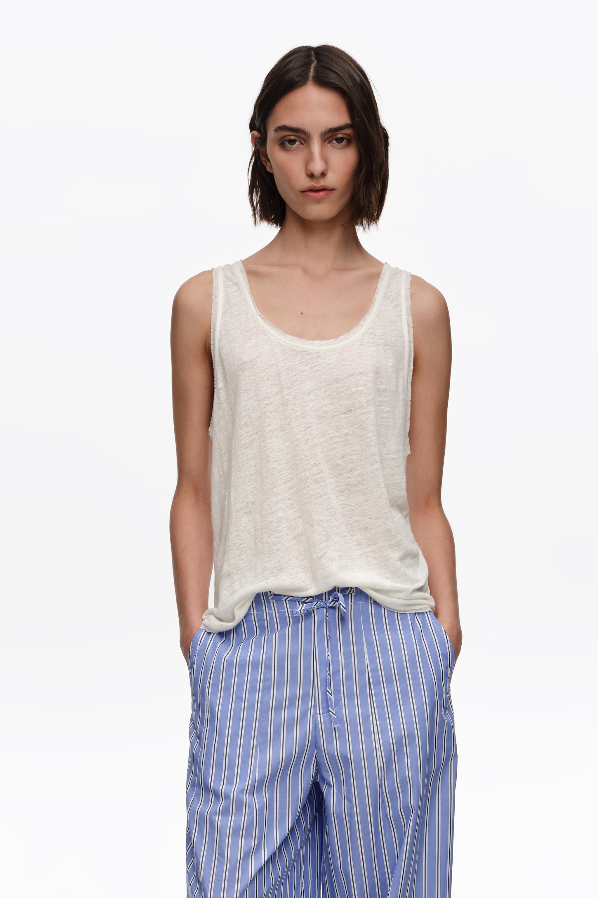 Top de chaleco de lino lavado marfil