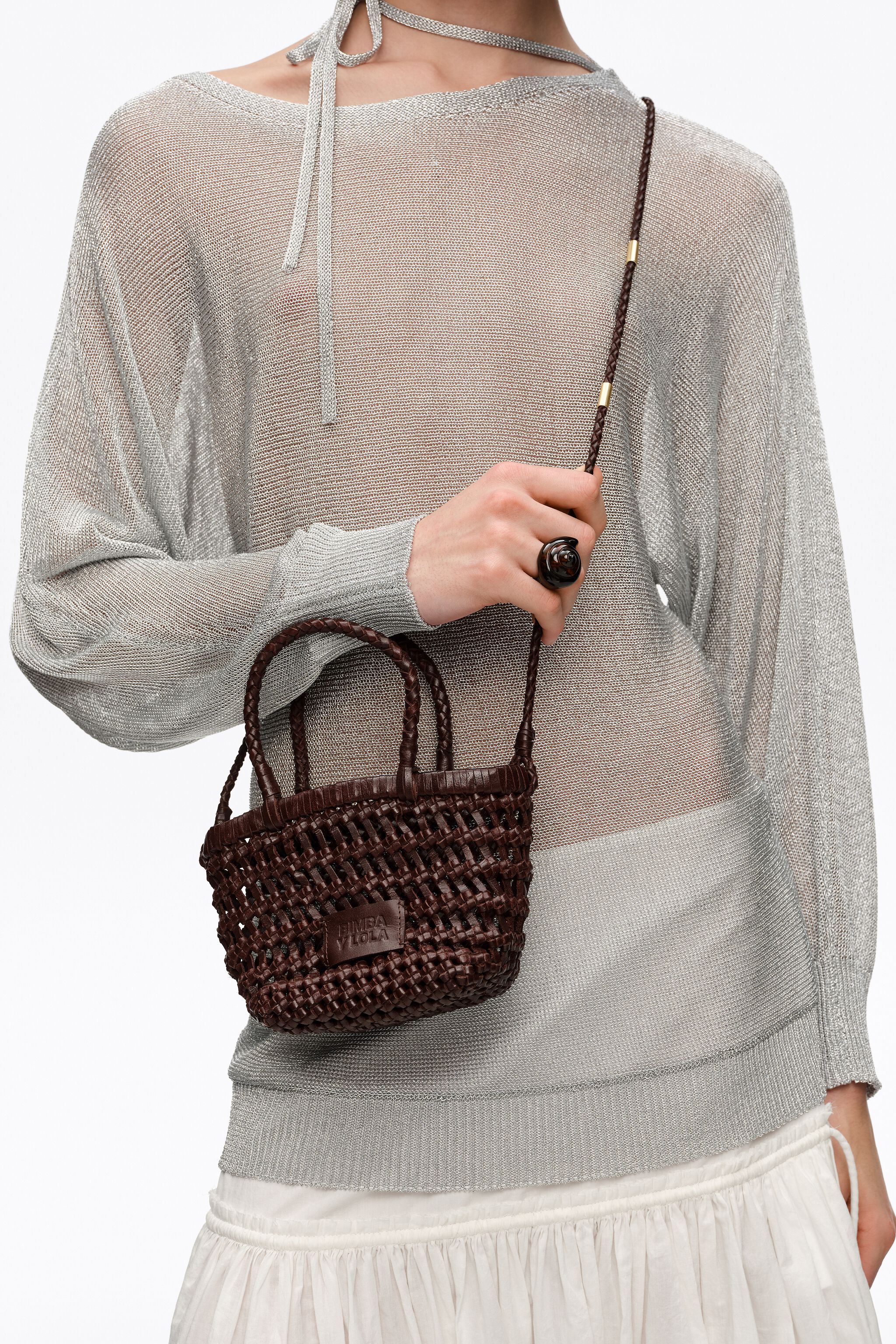 Bolso de cuero mini trenzado marrón oscuro
