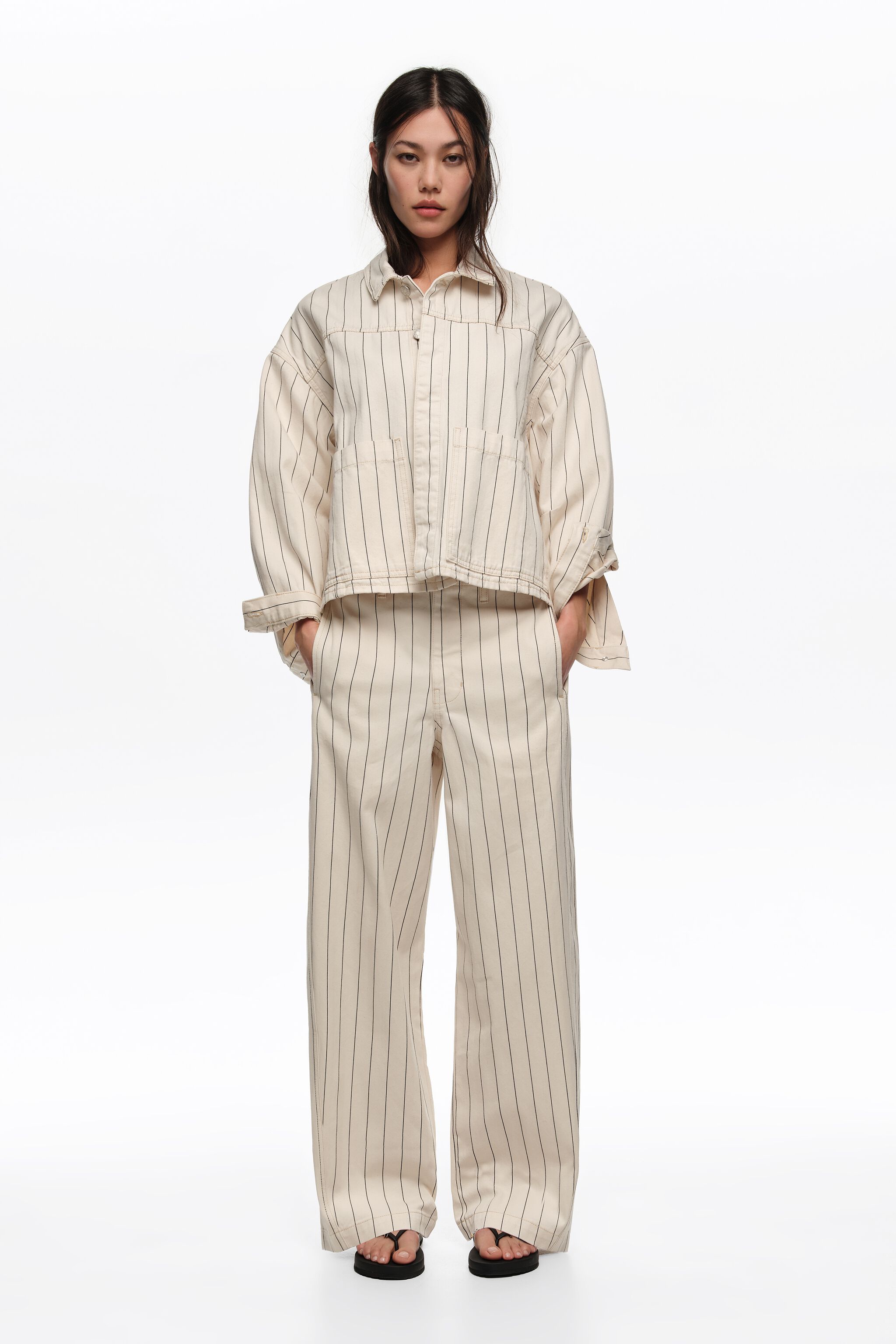 Chaqueta vaquera A-line con rayas off-white