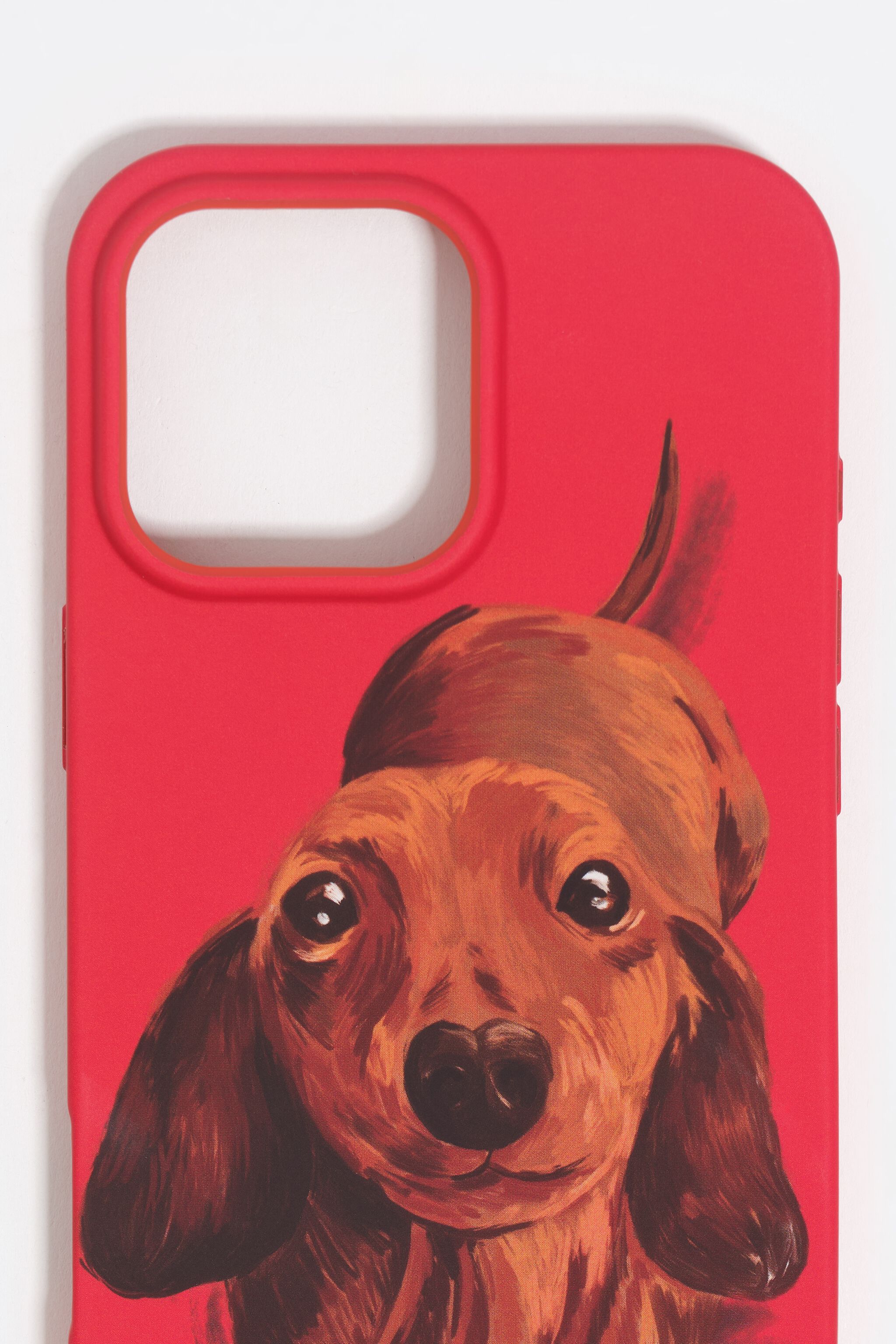 Funda rígida para iPhone 16 Pro Max roja con estampado de dachshund