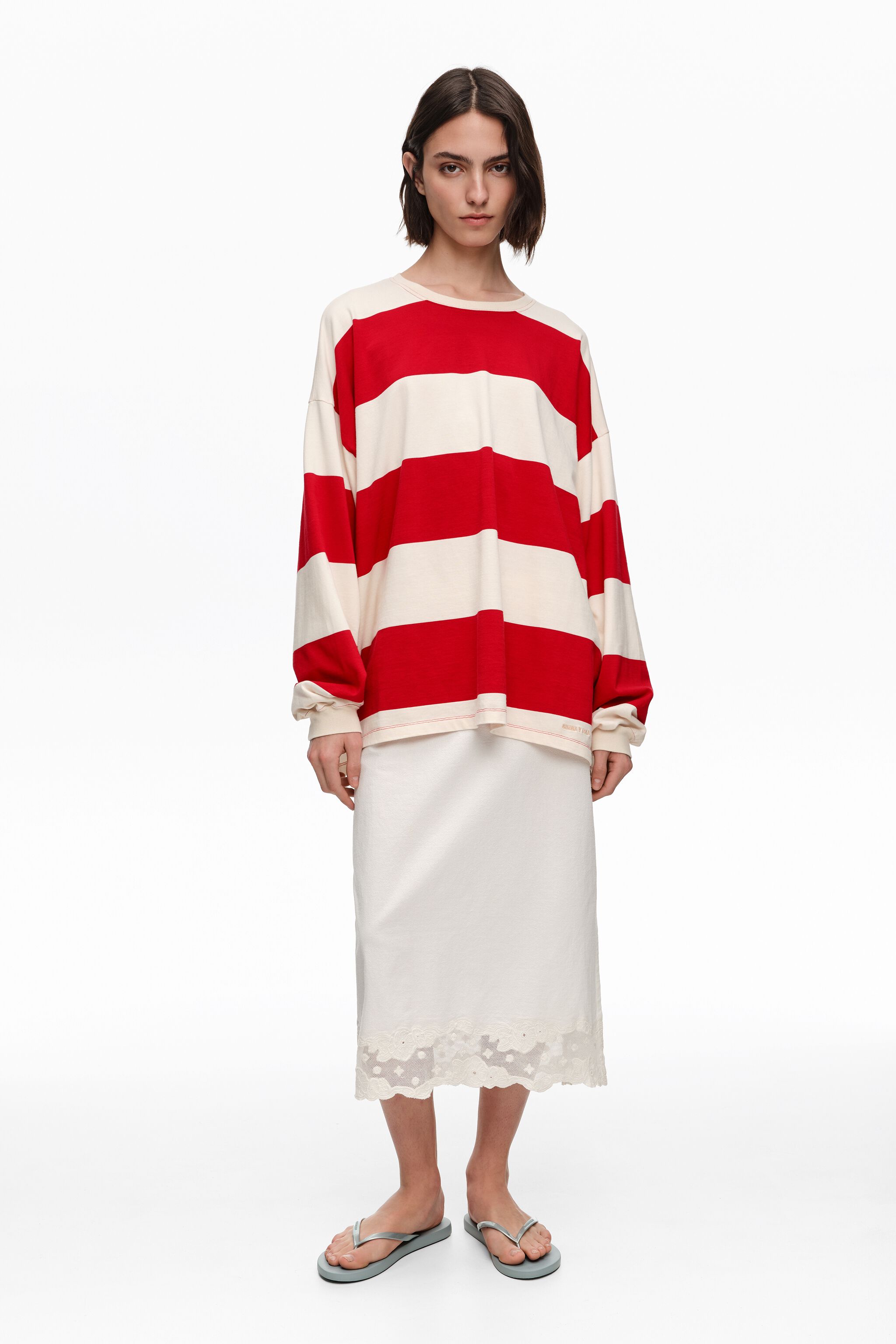 Falda midi de encaje de algodón ivory