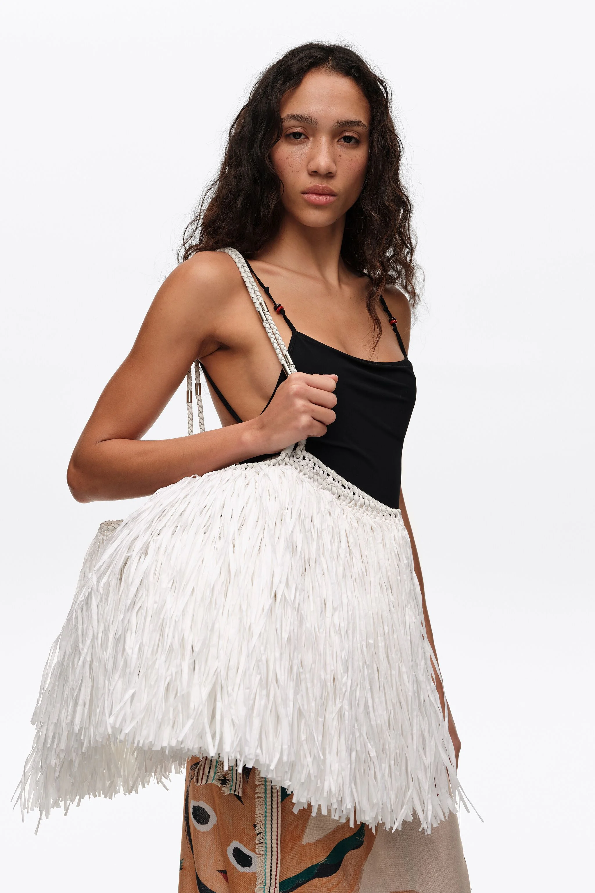 Bolso shopper de efecto rafia blanco grande