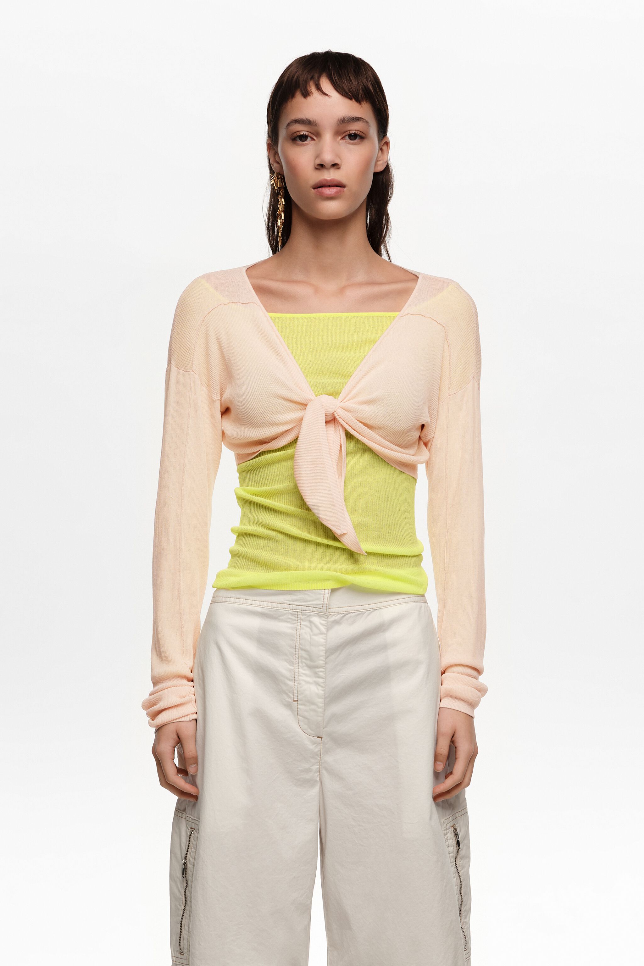 Cardigan de punto acanalado con nudo de melocotón