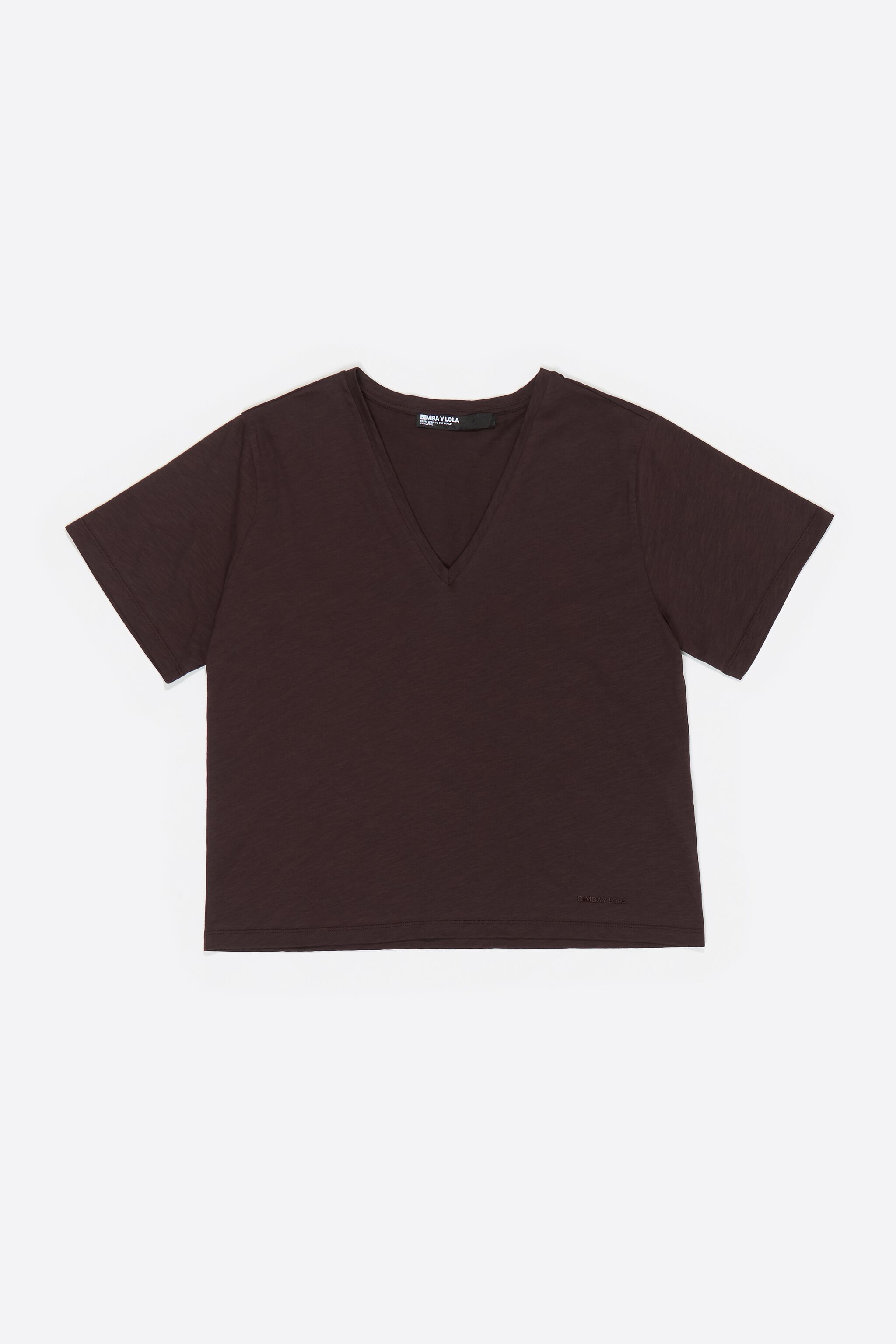Camiseta de algodón de cuello en V marrón oscuro