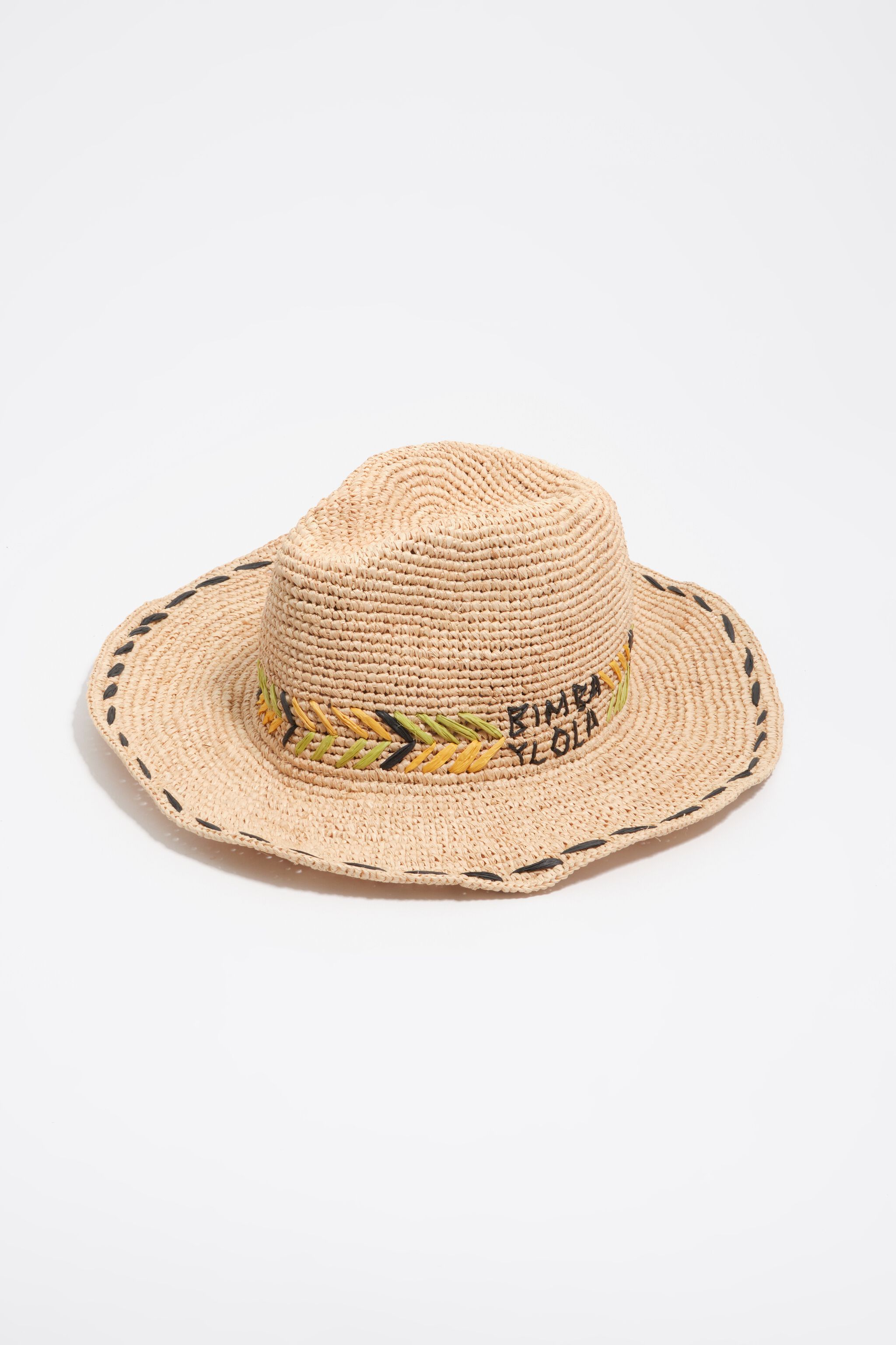 Sombrero de rafia natural con bordado multicolor