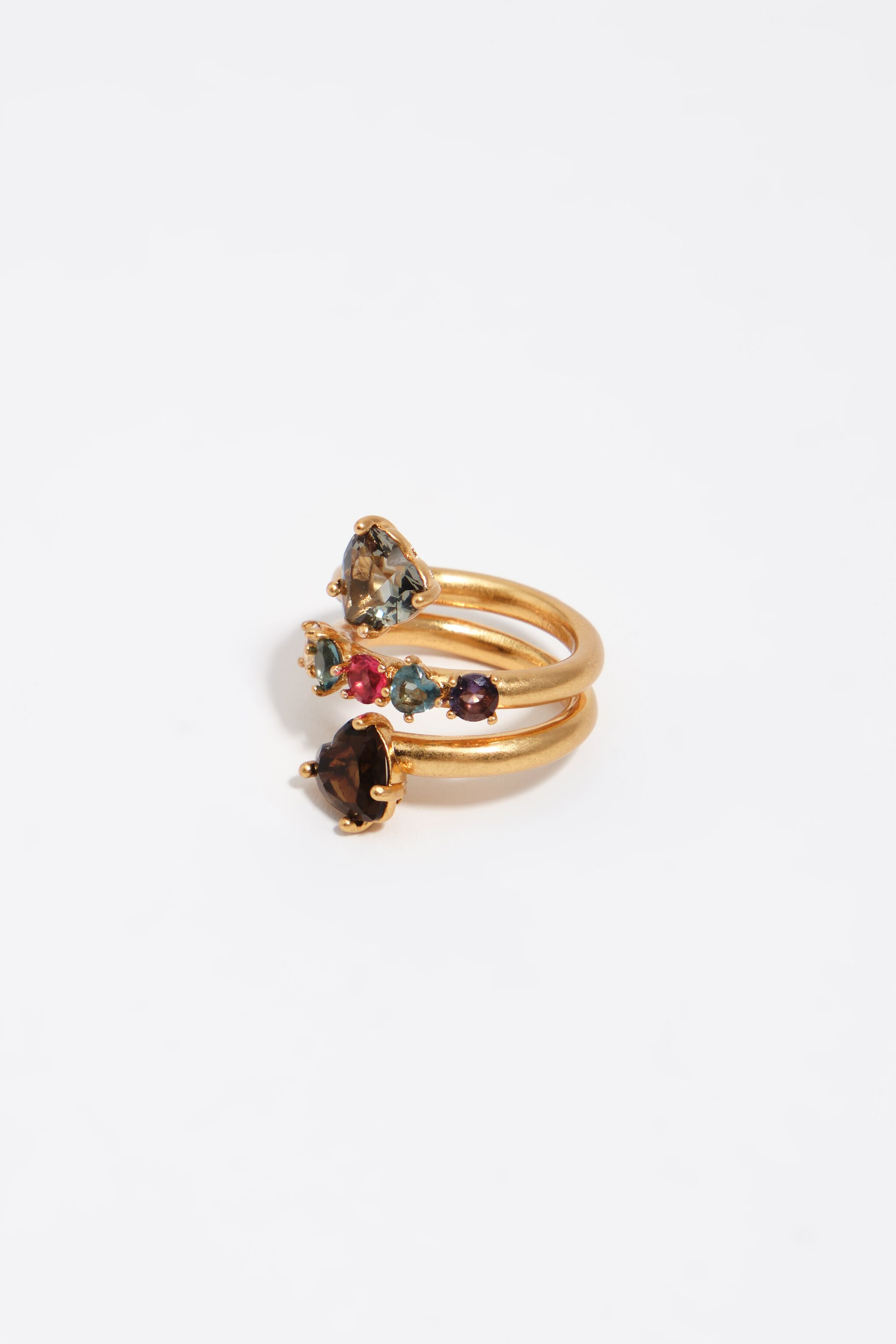 Anillo espiral de corazón dorado cepillado con cristales